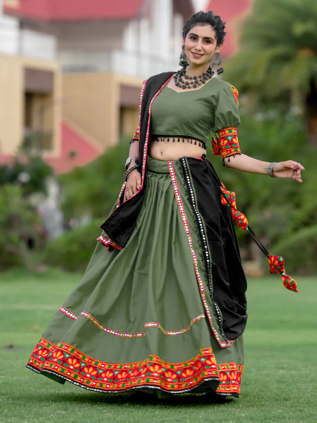 Odette Olive Embroidered Cotton Semi Stitched Lehenga With Unstitched Blouse For Women - Image 3