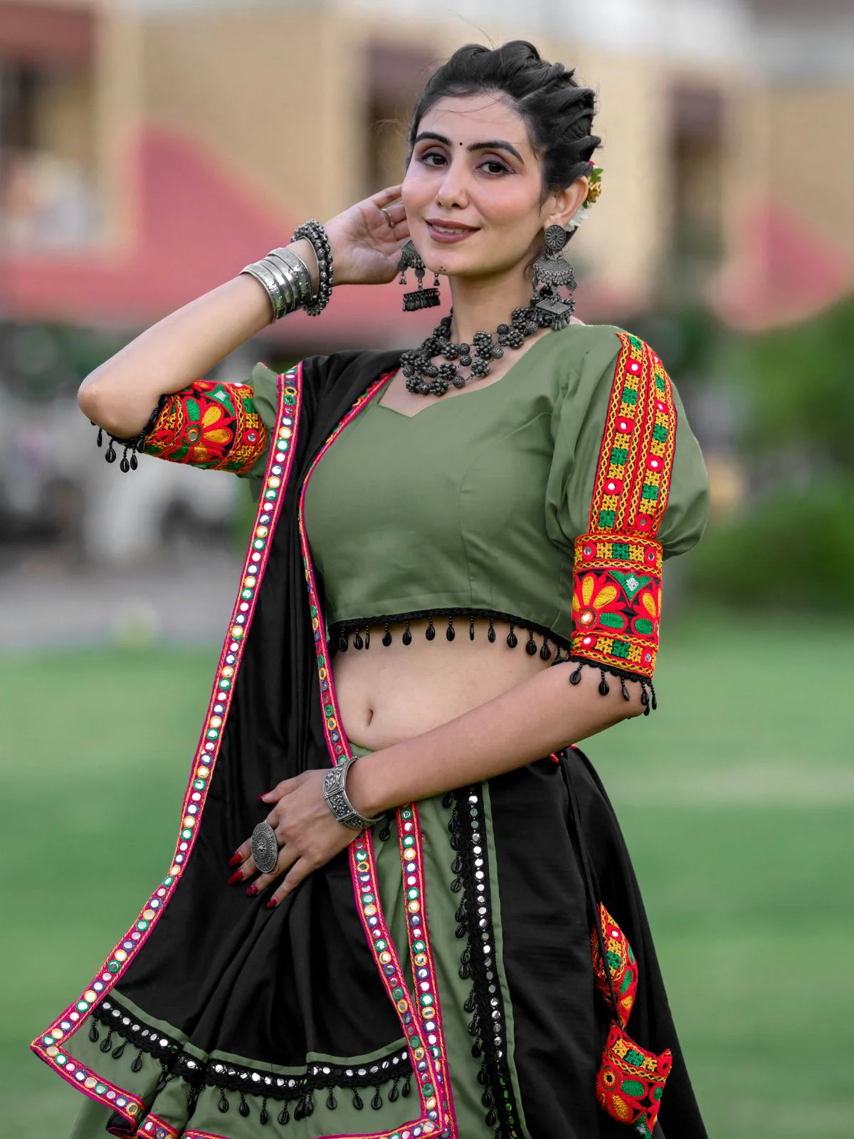 Odette Olive Embroidered Cotton Semi Stitched Lehenga With Unstitched Blouse For Women - Image 6