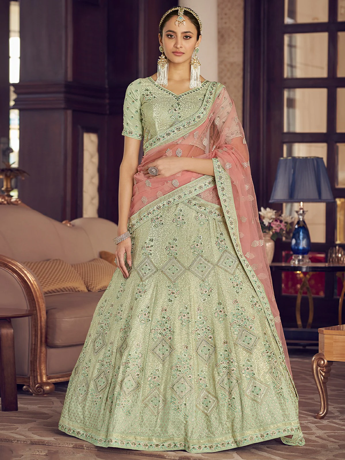 Odette Olive Embroidered Crepe Semi Stitched Lehenga With Blouse For Women - Image 2