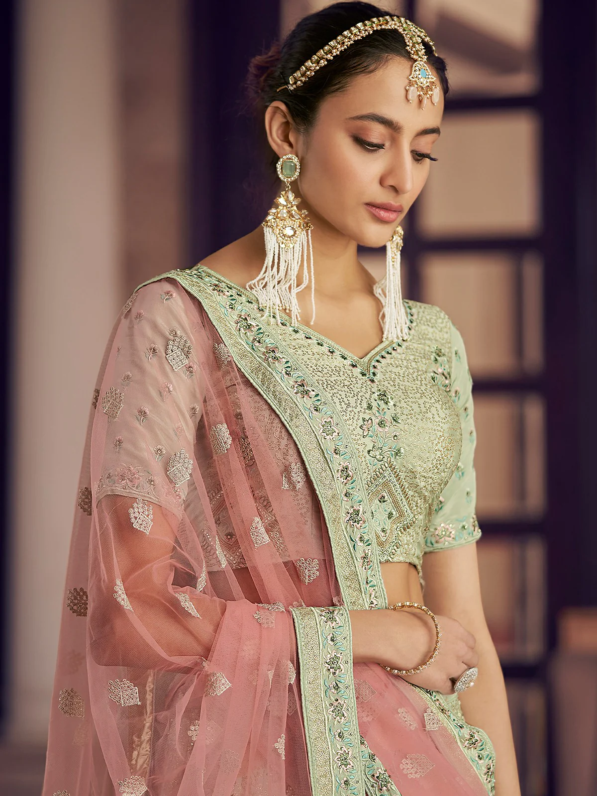 Odette Olive Embroidered Crepe Semi Stitched Lehenga With Blouse For Women - Image 3