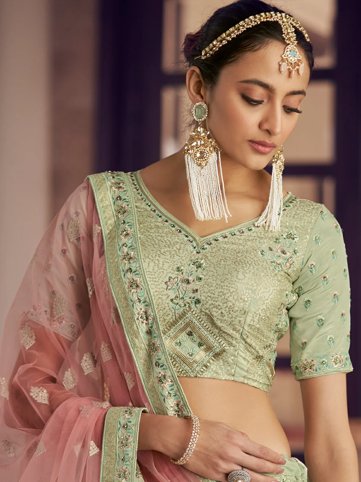 Odette Olive Embroidered Crepe Semi Stitched Lehenga With Blouse For Women - Image 4