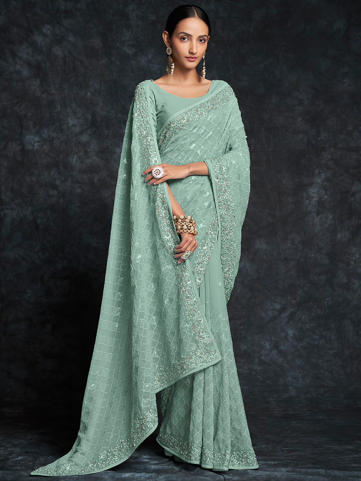 Odette Olive Embroidered Georgette Saree With Unstitched Blouse For Women - Image 3