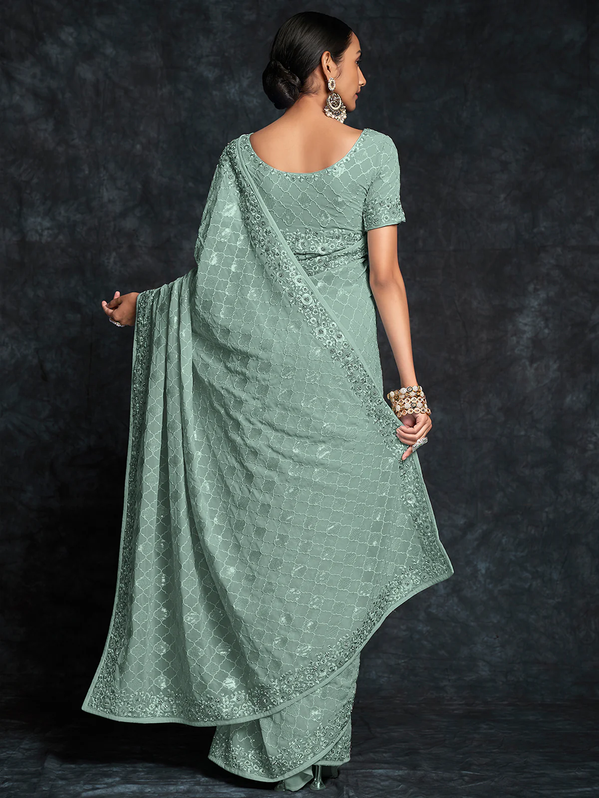 Odette Olive Embroidered Georgette Saree With Unstitched Blouse For Women - Image 4
