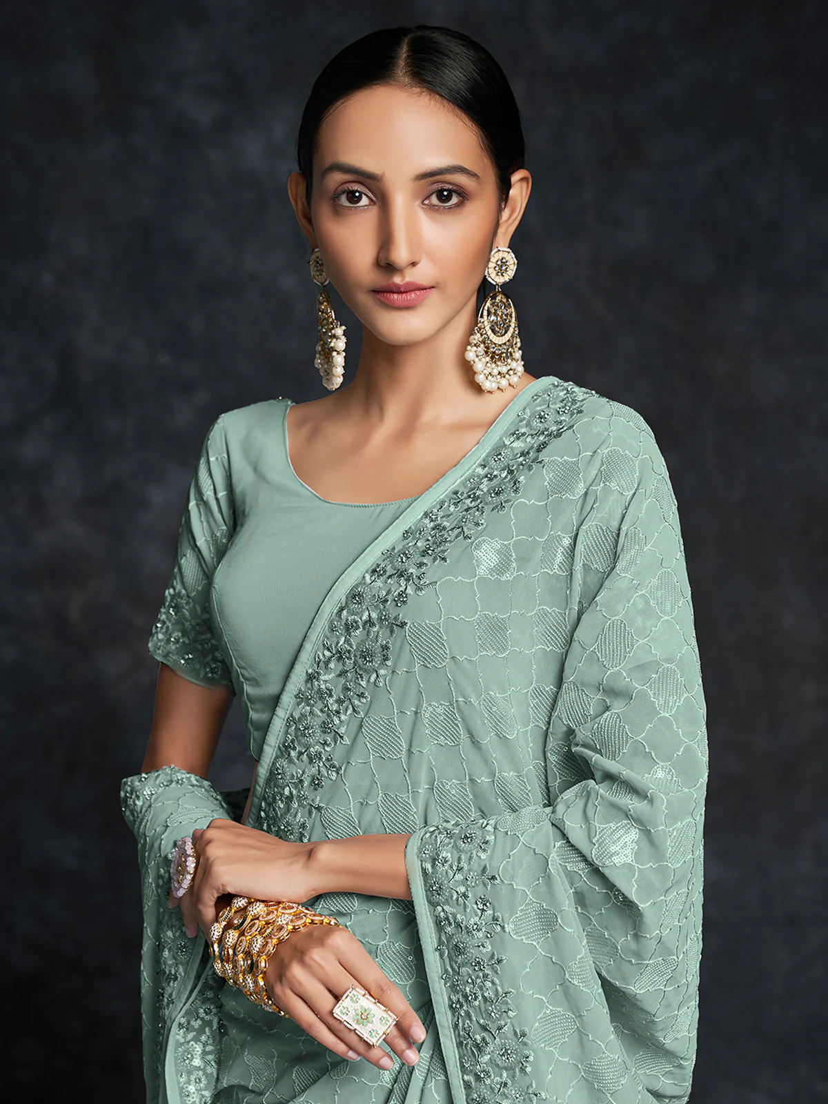 Odette Olive Embroidered Georgette Saree With Unstitched Blouse For Women - Image 5