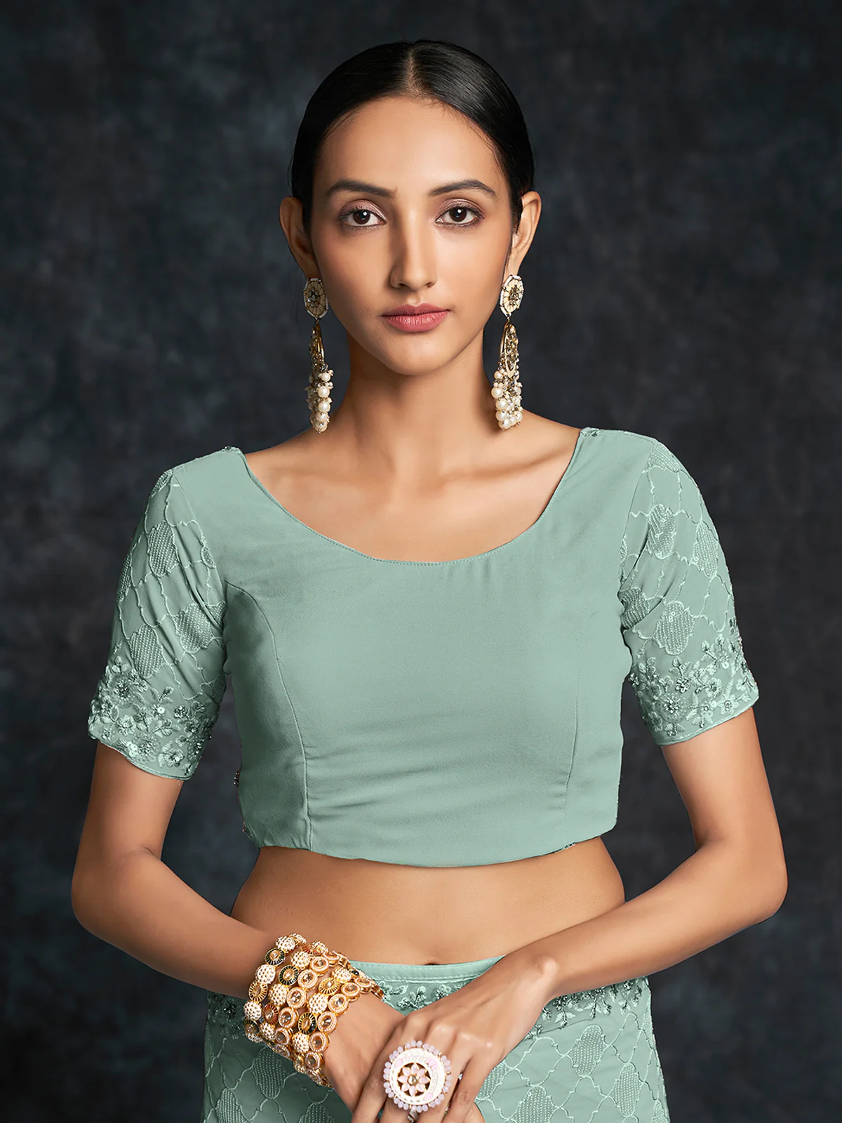 Odette Olive Embroidered Georgette Saree With Unstitched Blouse For Women - Image 6