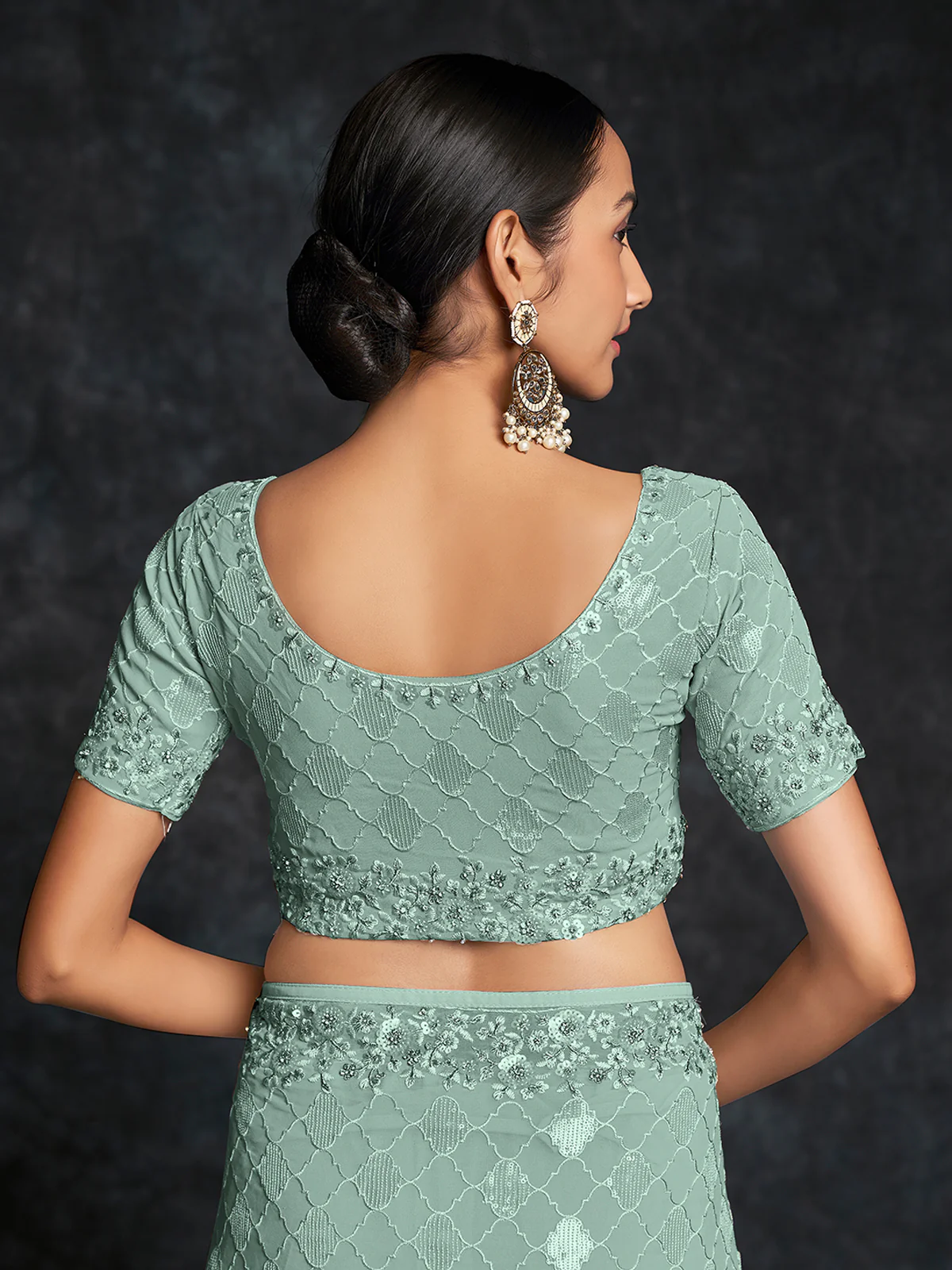 Odette Olive Embroidered Georgette Saree With Unstitched Blouse For Women - Image 7