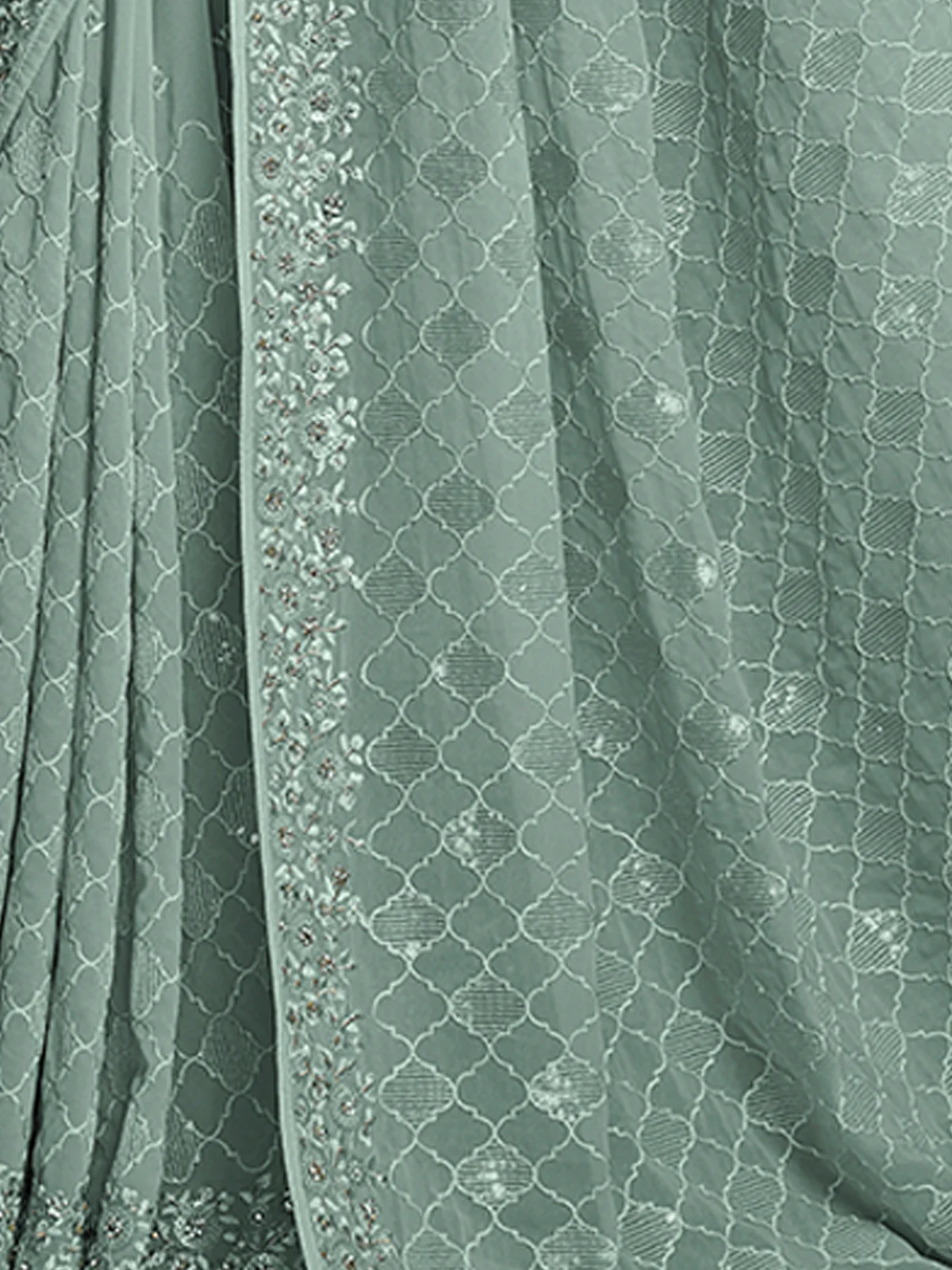 Odette Olive Embroidered Georgette Saree With Unstitched Blouse For Women - Image 8