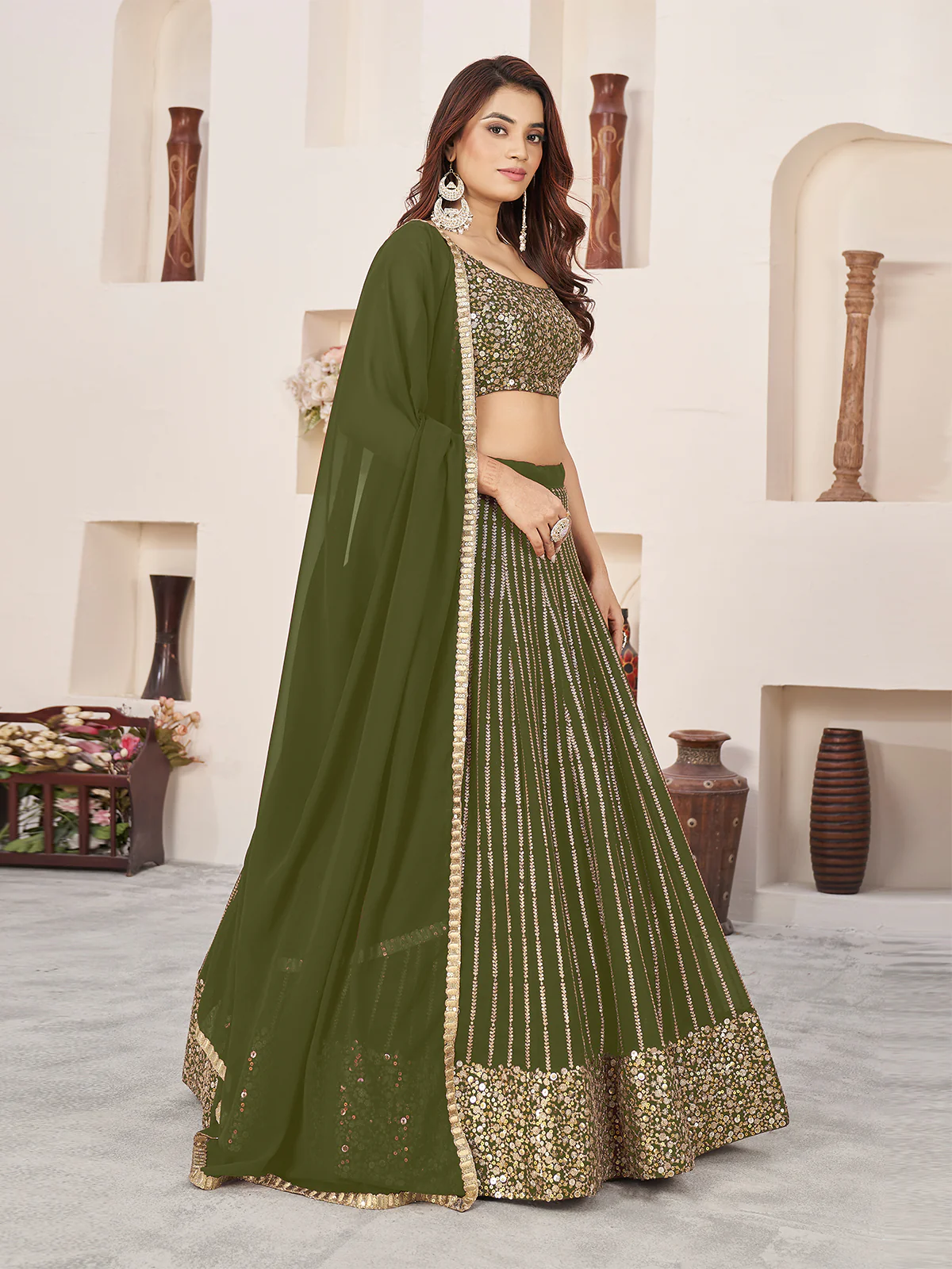 Odette Olive Georgette Embellished Semi Stiched Lehenga With Unstitched Blouse For Women - Image 2