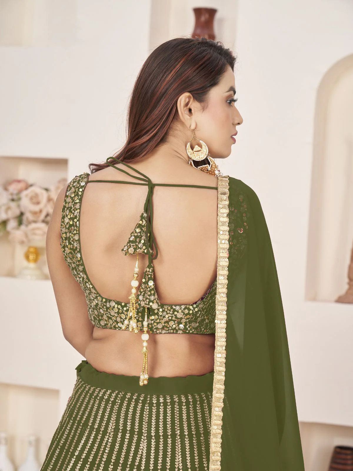 Odette Olive Georgette Embellished Semi Stiched Lehenga With Unstitched Blouse For Women - Image 6