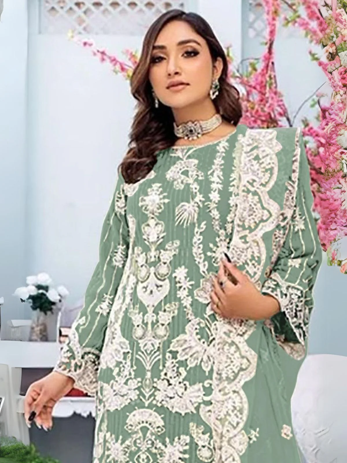 Odette Olive Embroidered Georgette Semi Stitched Kurta Set For Women - Image 2