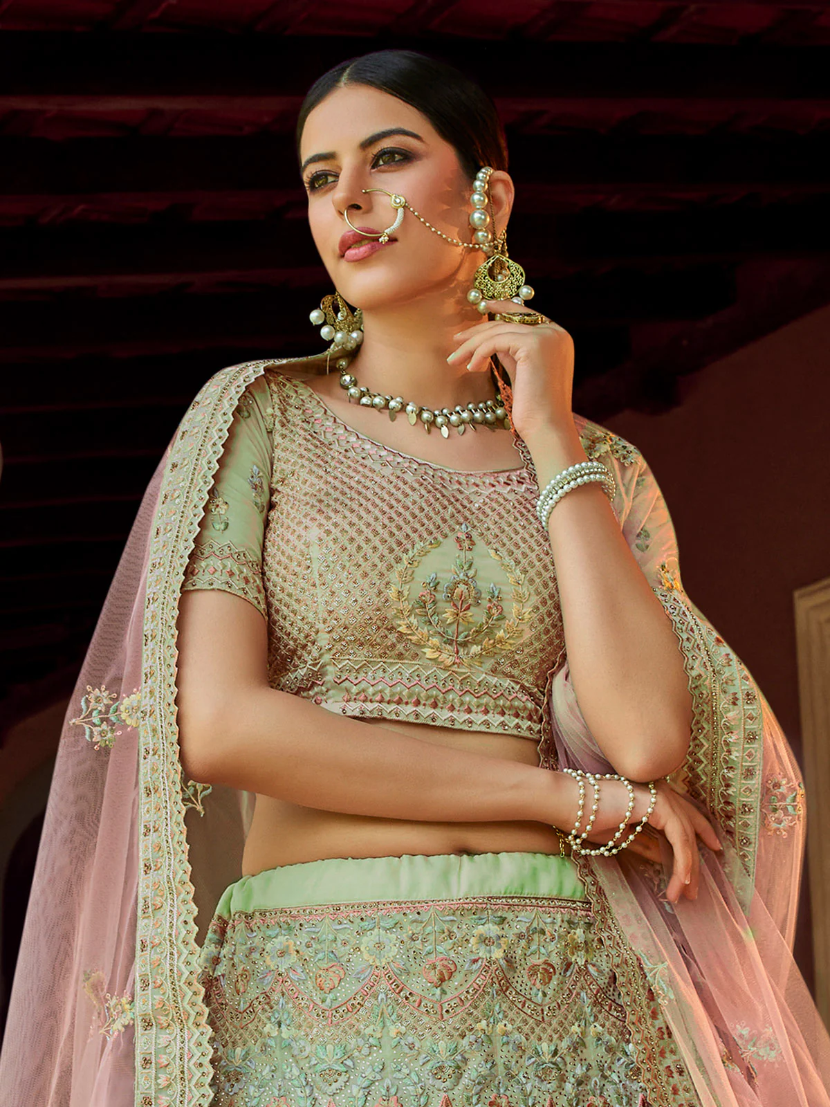 Odette Olive Embroidered Georgette Semi Stitched Lehenga With Blouse For Women - Image 3
