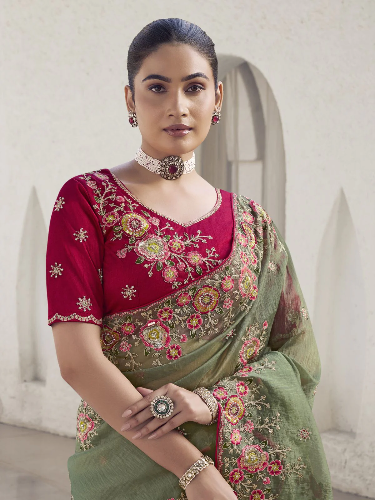 Odette Olive Embroidered Organza Saree With Unstitched Blouse For Women - Image 2
