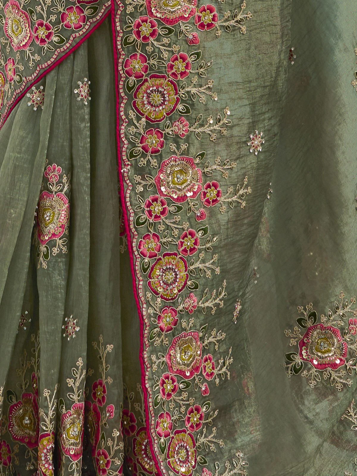 Odette Olive Embroidered Organza Saree With Unstitched Blouse For Women - Image 4