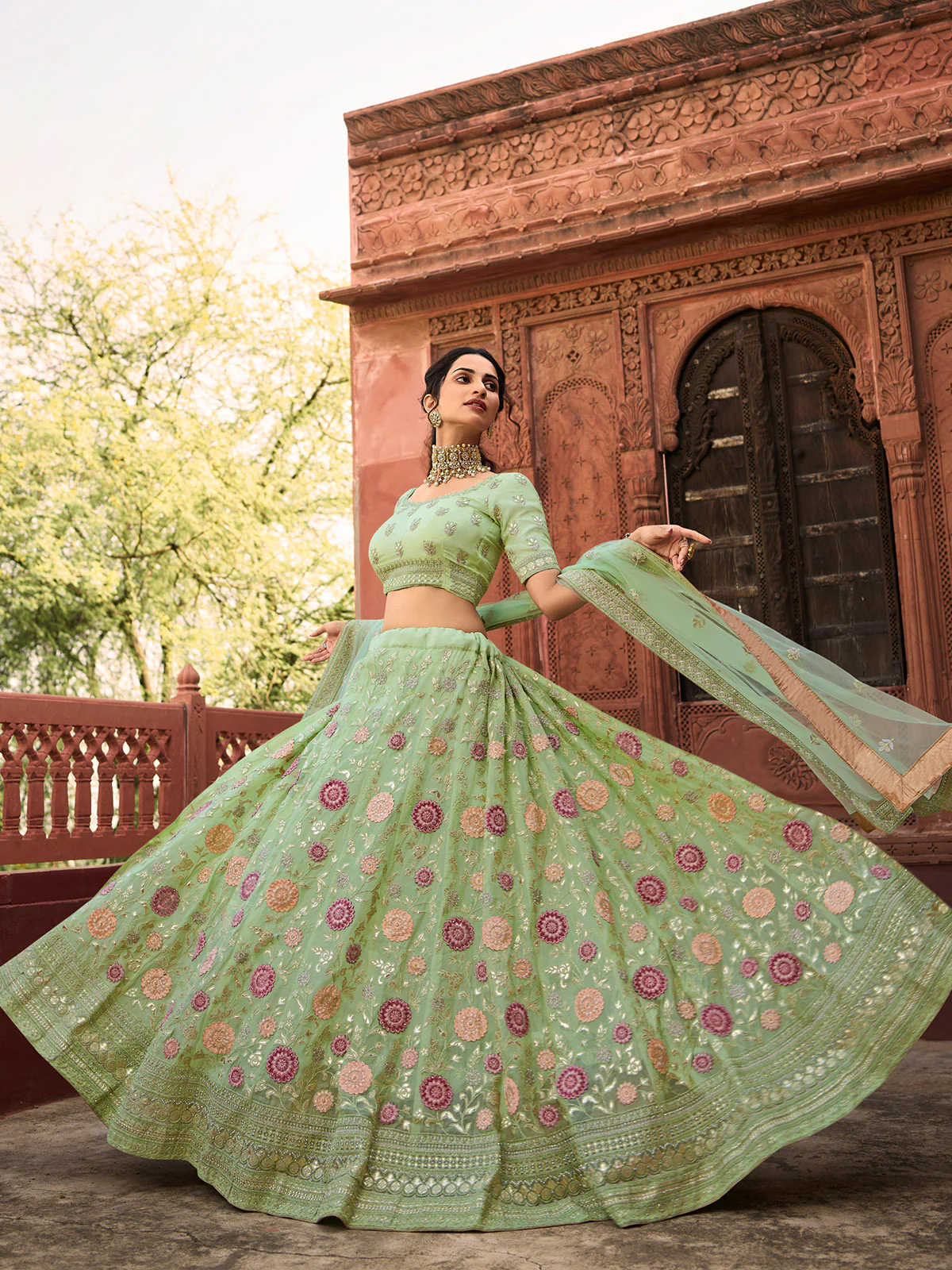 Odette Olive Embroidered Organza Semi Stitched Lehenga With Blouse For Women - Image 2