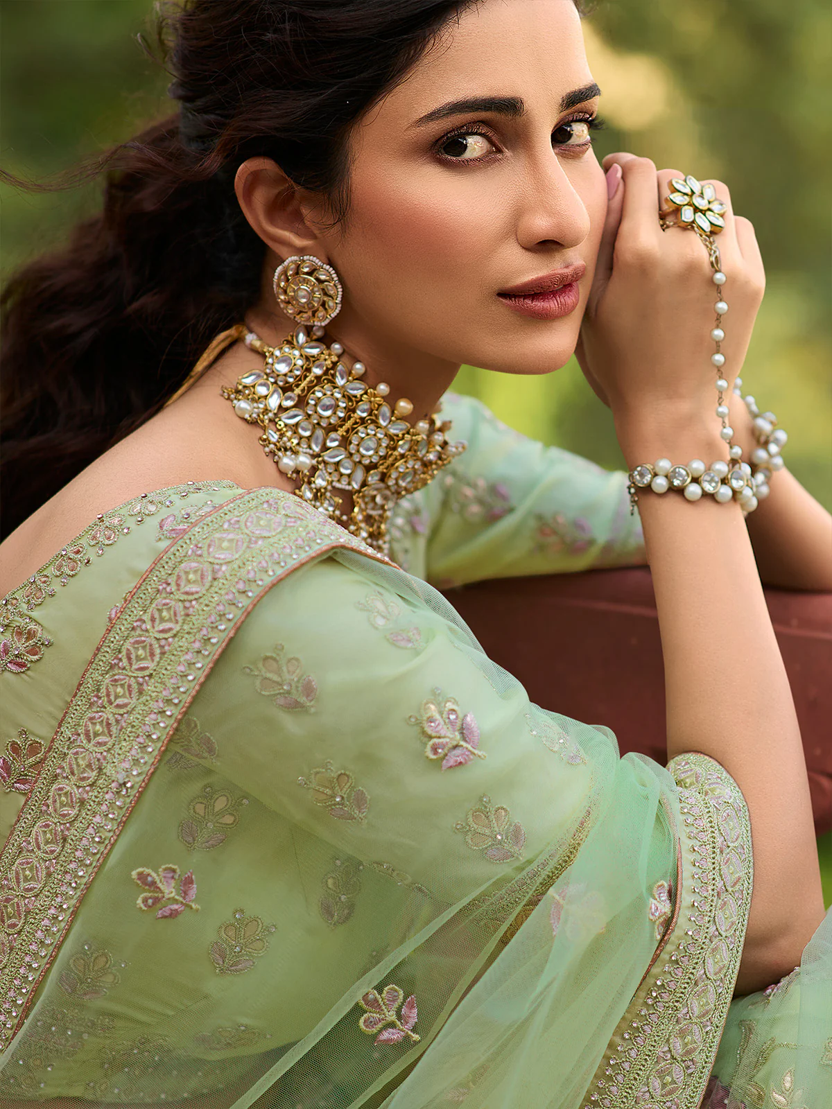 Odette Olive Embroidered Organza Semi Stitched Lehenga With Blouse For Women - Image 4