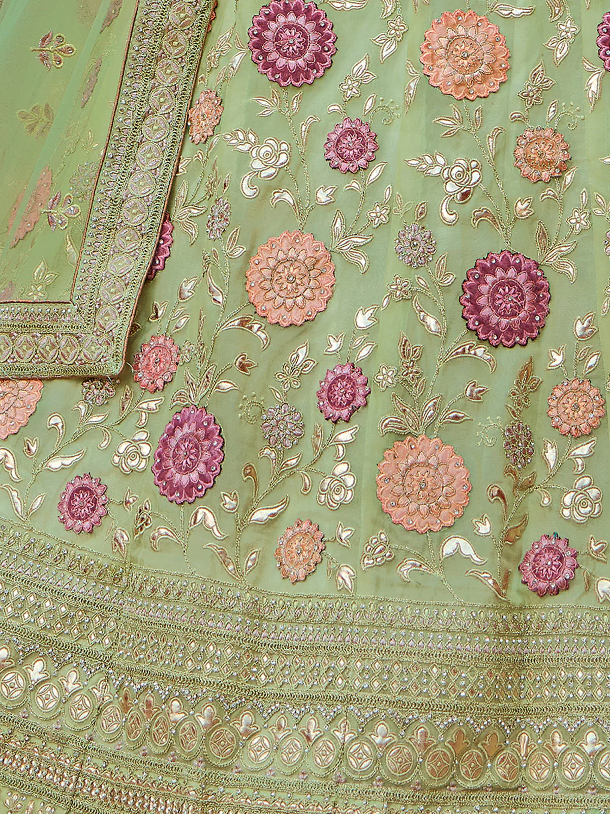 Odette Olive Embroidered Organza Semi Stitched Lehenga With Blouse For Women - Image 5