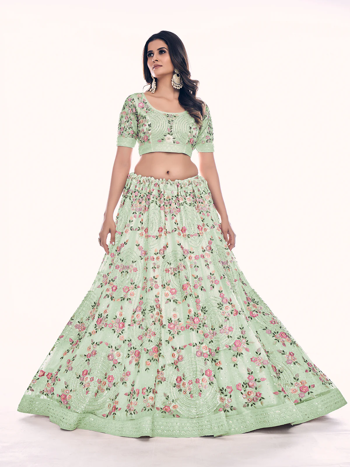 Odette Olive Embroidered Soft Net Semi Stitched Lehenga With Blouse For Women - Image 3