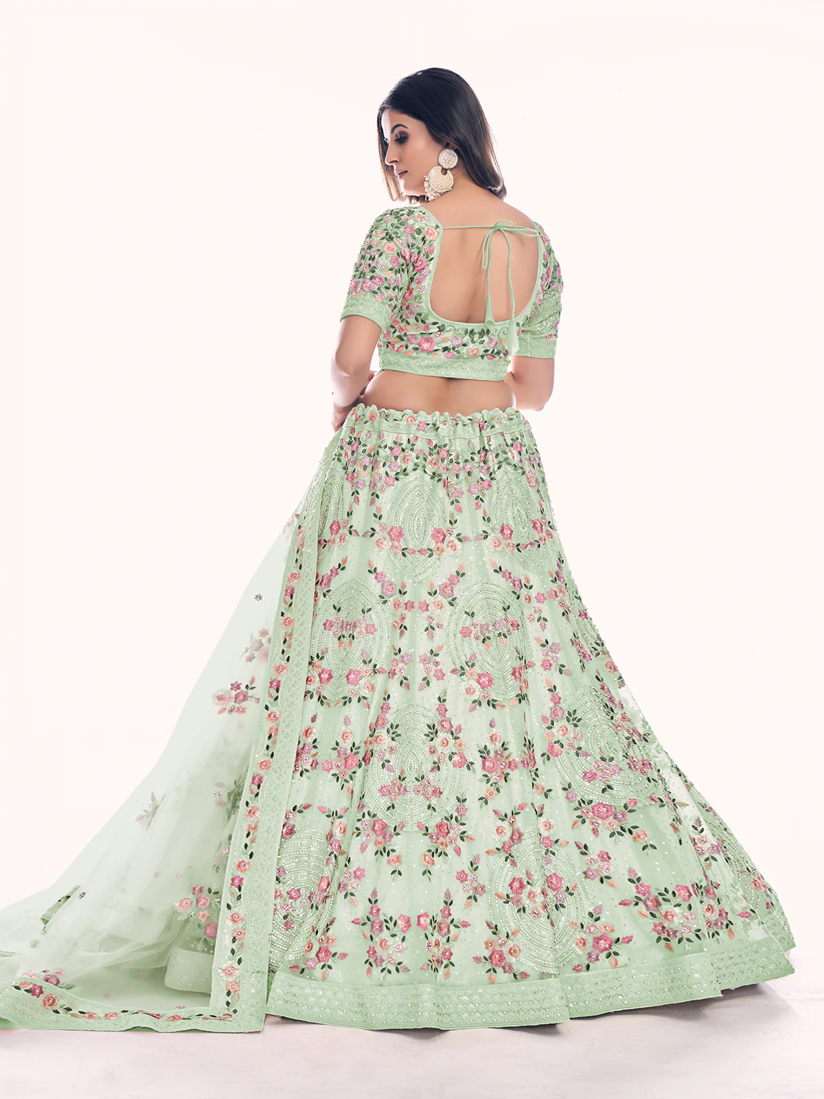 Odette Olive Embroidered Soft Net Semi Stitched Lehenga With Blouse For Women - Image 4