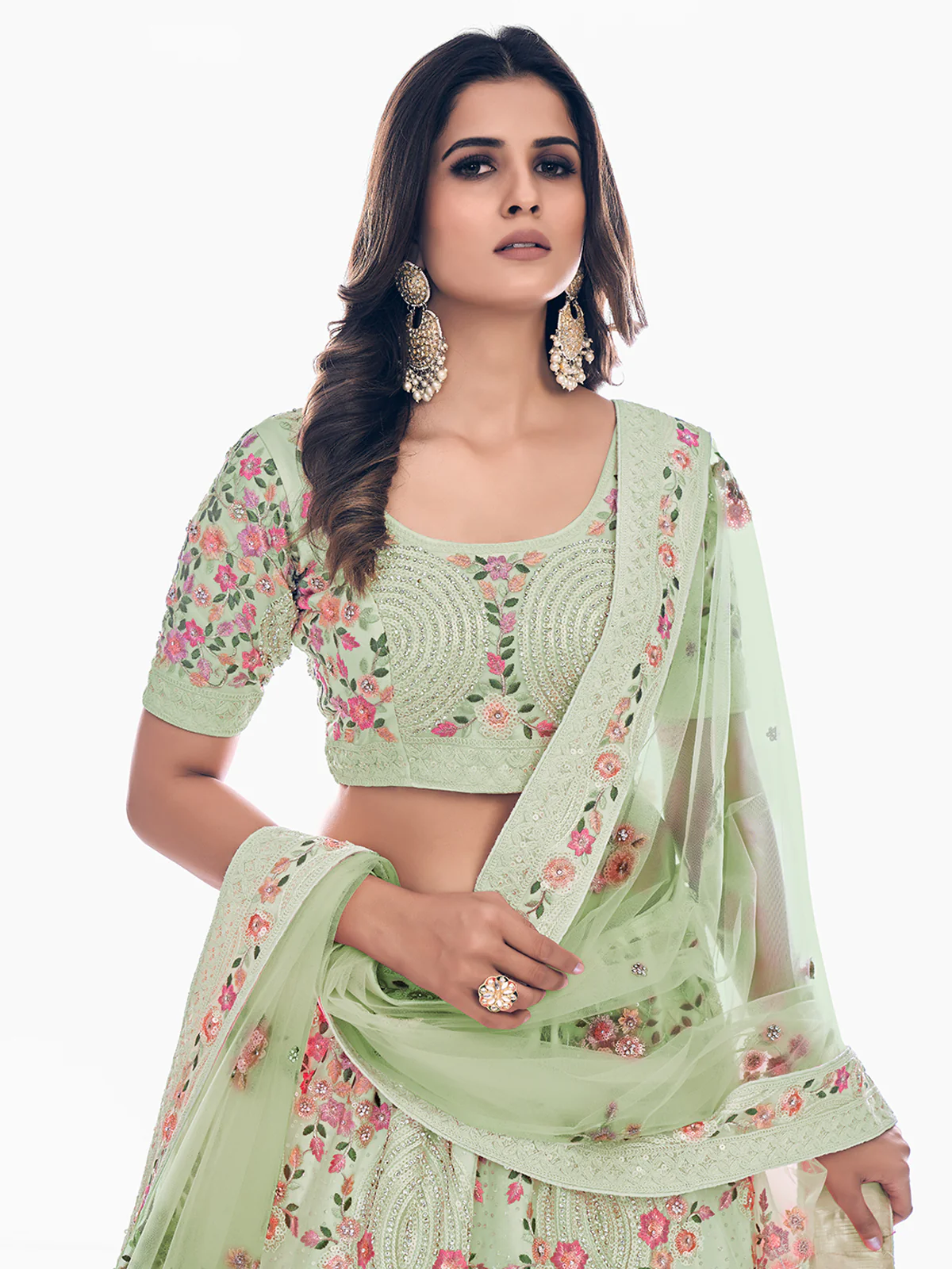 Odette Olive Embroidered Soft Net Semi Stitched Lehenga With Blouse For Women - Image 5