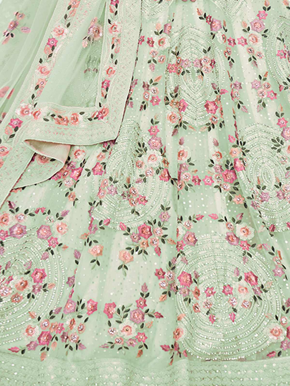 Odette Olive Embroidered Soft Net Semi Stitched Lehenga With Blouse For Women - Image 6