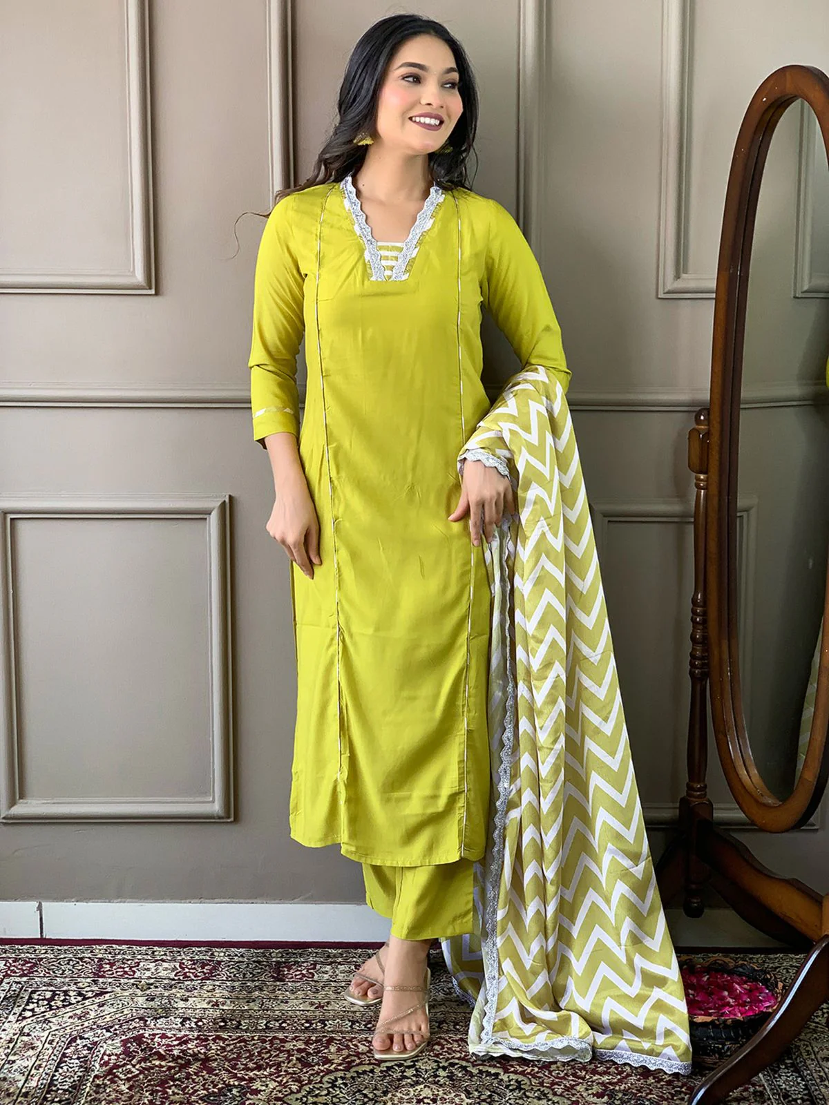 Odette Olive Embroidered Viscose Silk Stitched Kurta Salwar Set For Women - Image 2