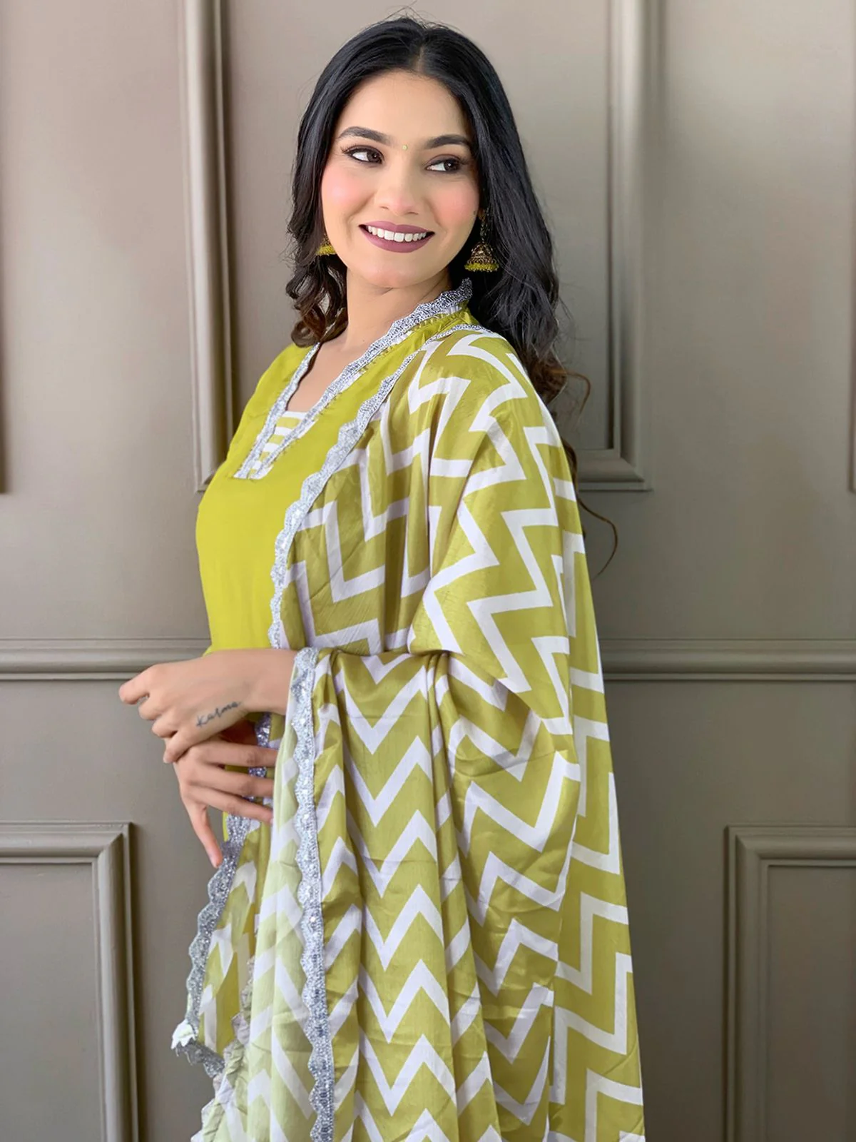 Odette Olive Embroidered Viscose Silk Stitched Kurta Salwar Set For Women - Image 3