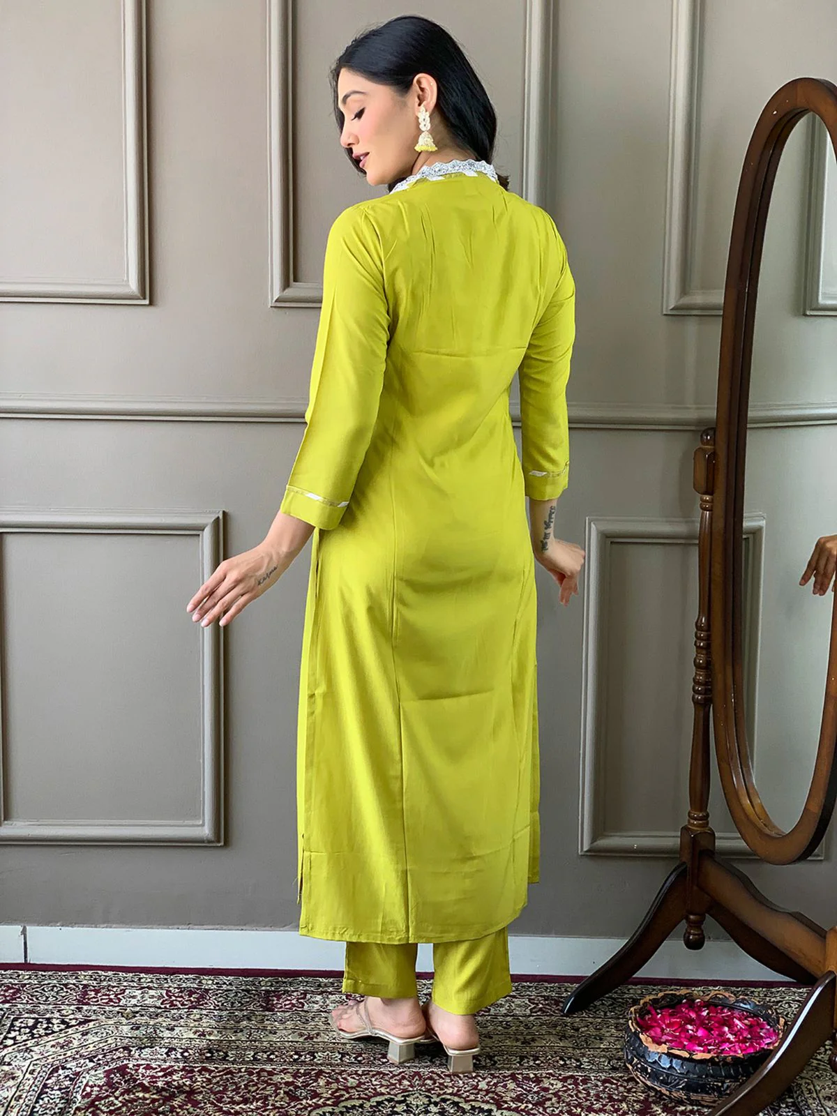 Odette Olive Embroidered Viscose Silk Stitched Kurta Salwar Set For Women - Image 4
