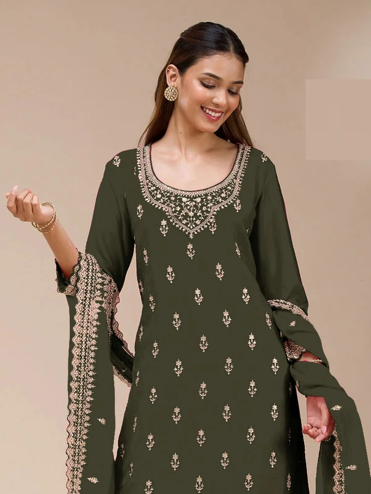 Odette Olive Georgette Embellished Semi Stitched Kurta Set For Women - Image 2