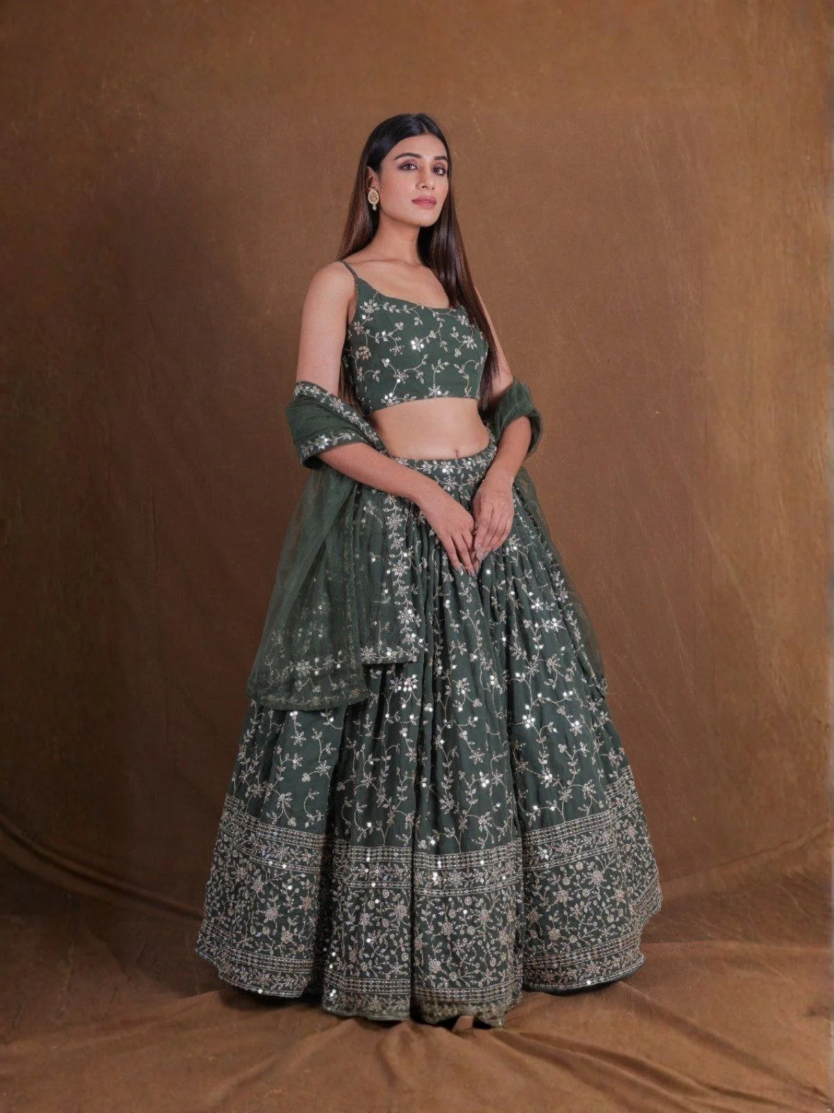 Odette Olive Georgette Embellished Semi Stitched Lehenga For Women - Image 2