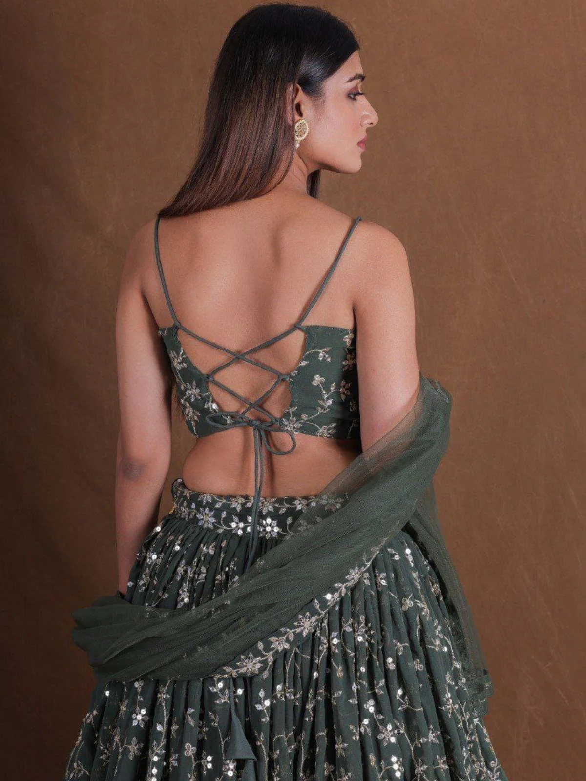 Odette Olive Georgette Embellished Semi Stitched Lehenga For Women - Image 3