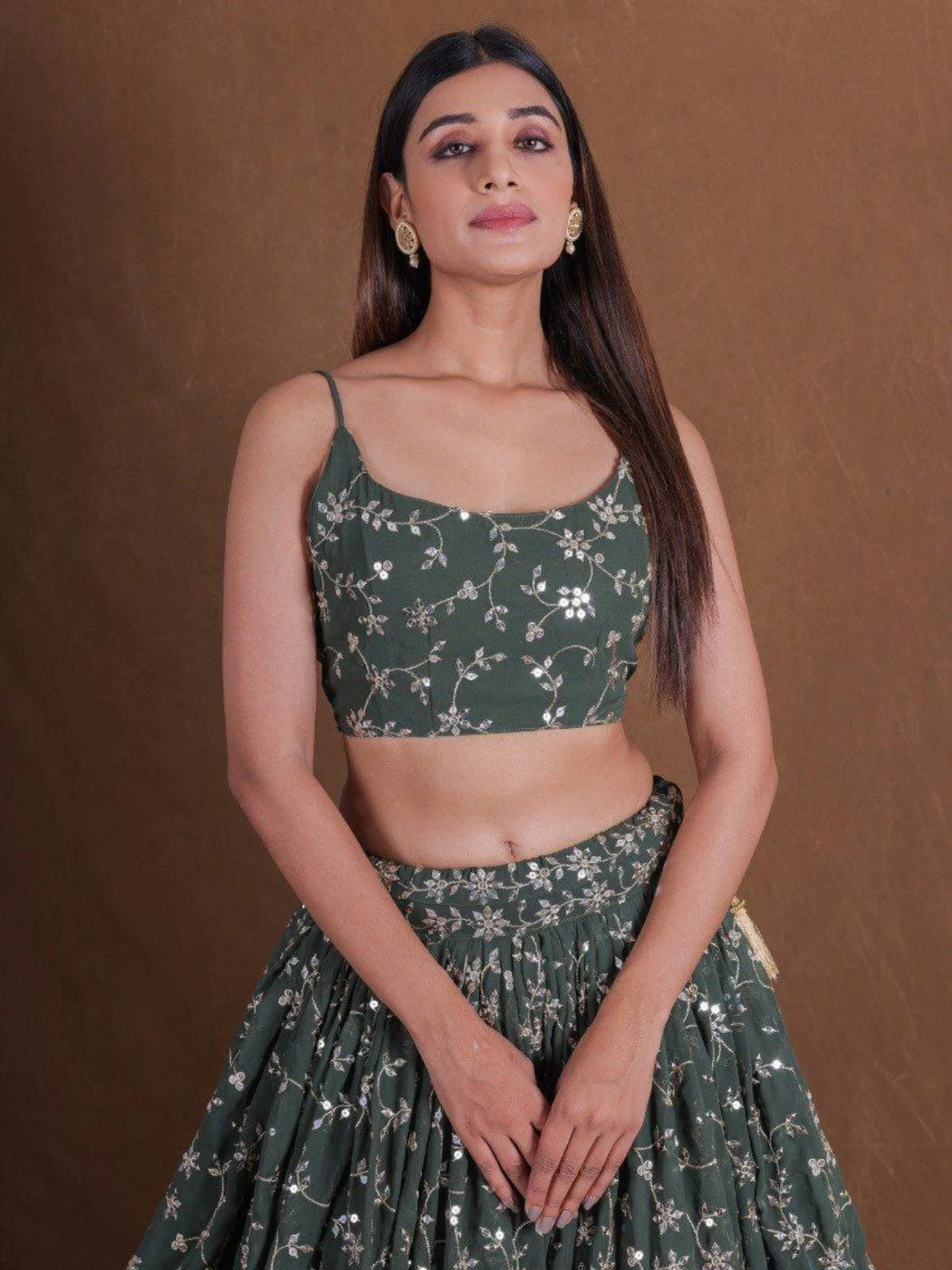 Odette Olive Georgette Embellished Semi Stitched Lehenga For Women - Image 4