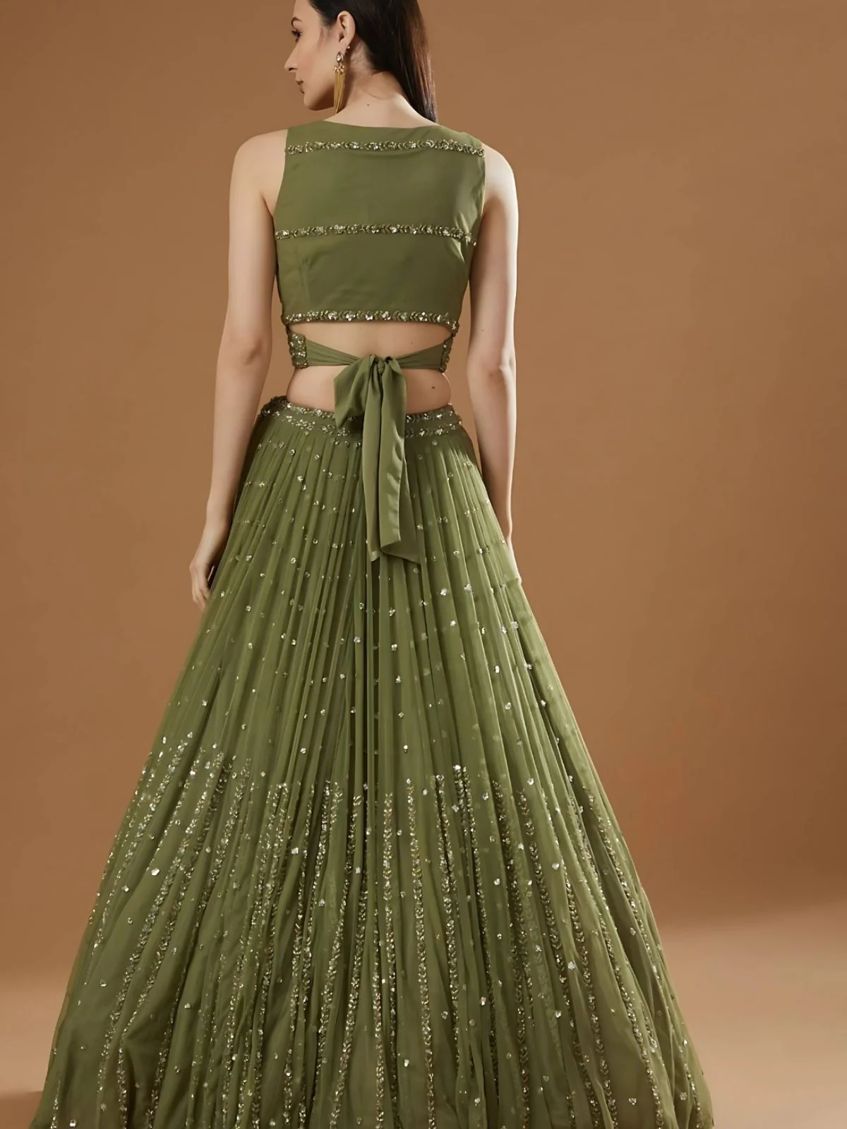 Odette Olive Georgette Embellished Semi-Stitched lehenga For Women - Image 2