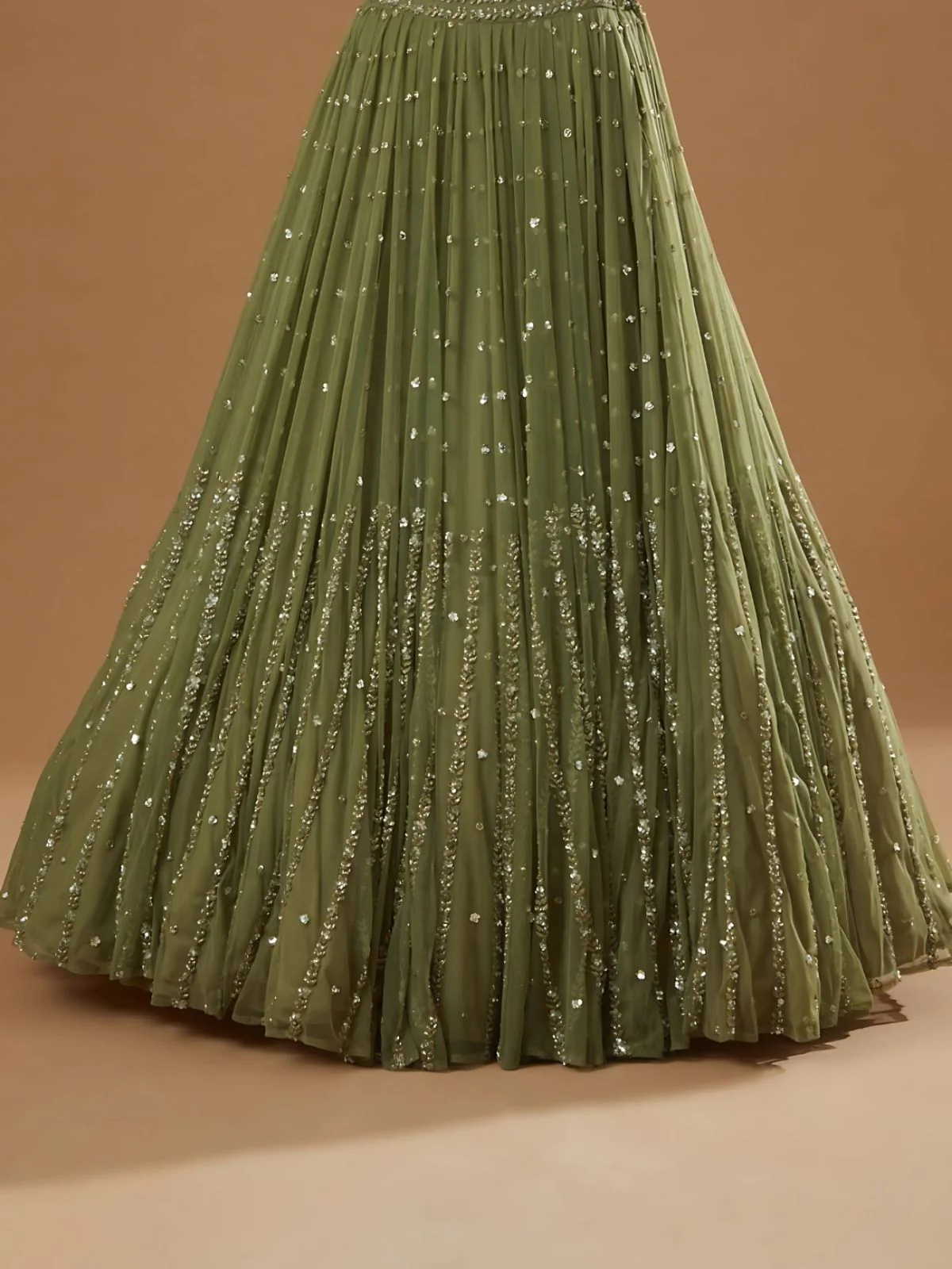 Odette Olive Georgette Embellished Semi-Stitched lehenga For Women - Image 4