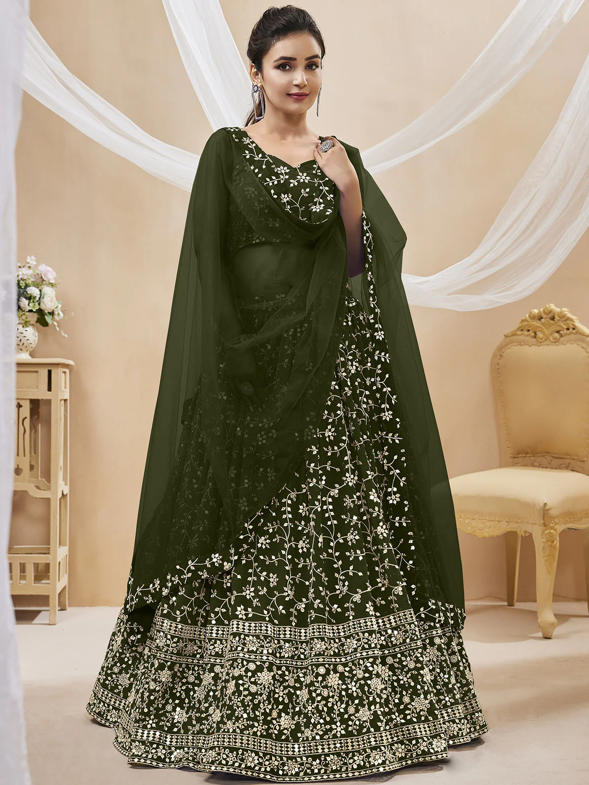 Odette Olive Georgette Embellished Semi Stitched Lehenga With Unstitched Blouse For Women - Image 2
