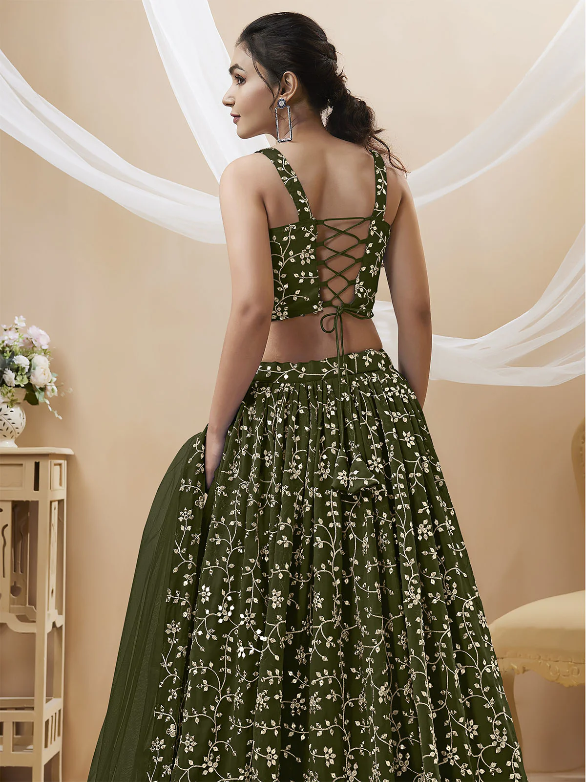Odette Olive Georgette Embellished Semi Stitched Lehenga With Unstitched Blouse For Women - Image 3