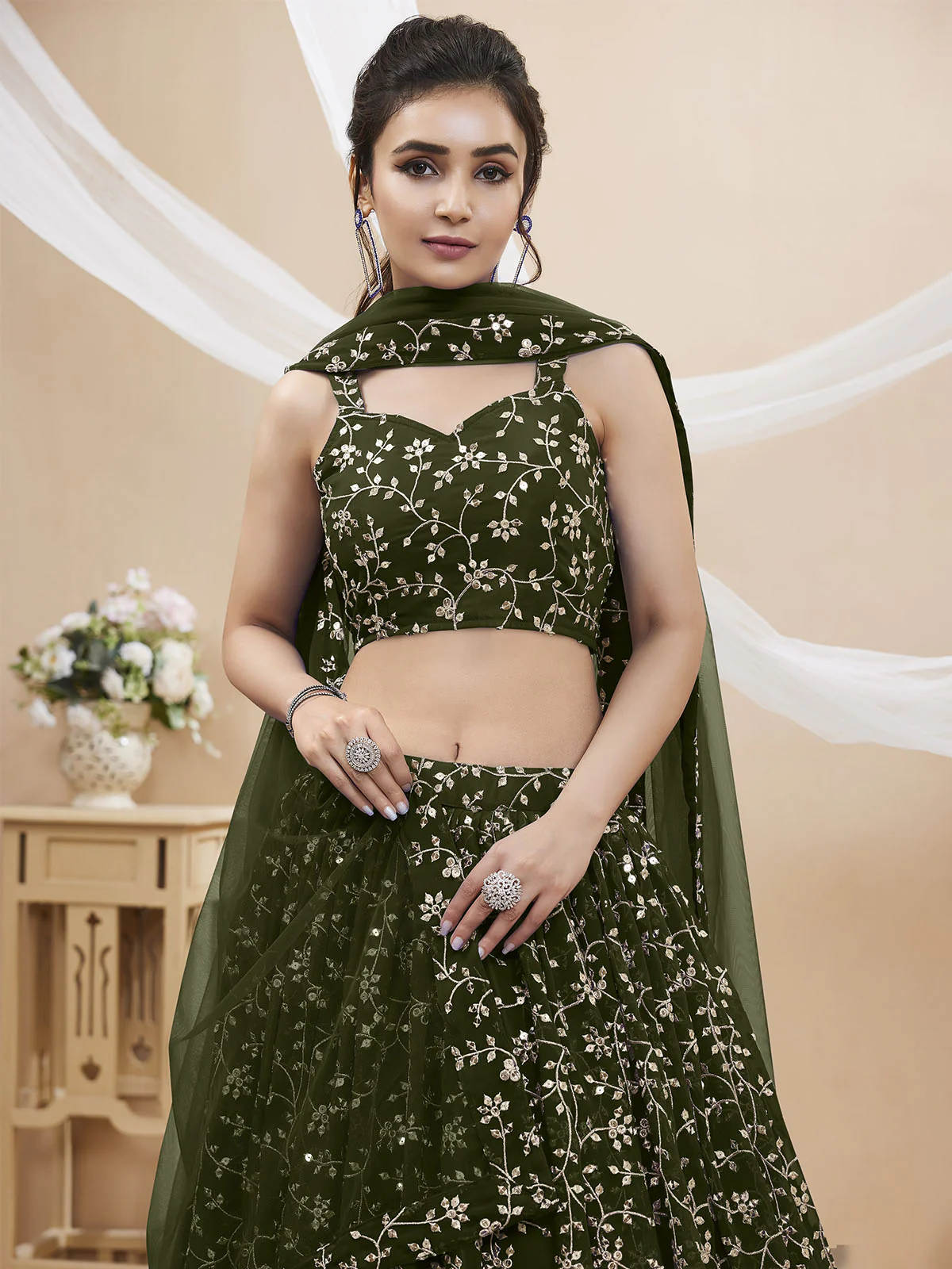 Odette Olive Georgette Embellished Semi Stitched Lehenga With Unstitched Blouse For Women - Image 4