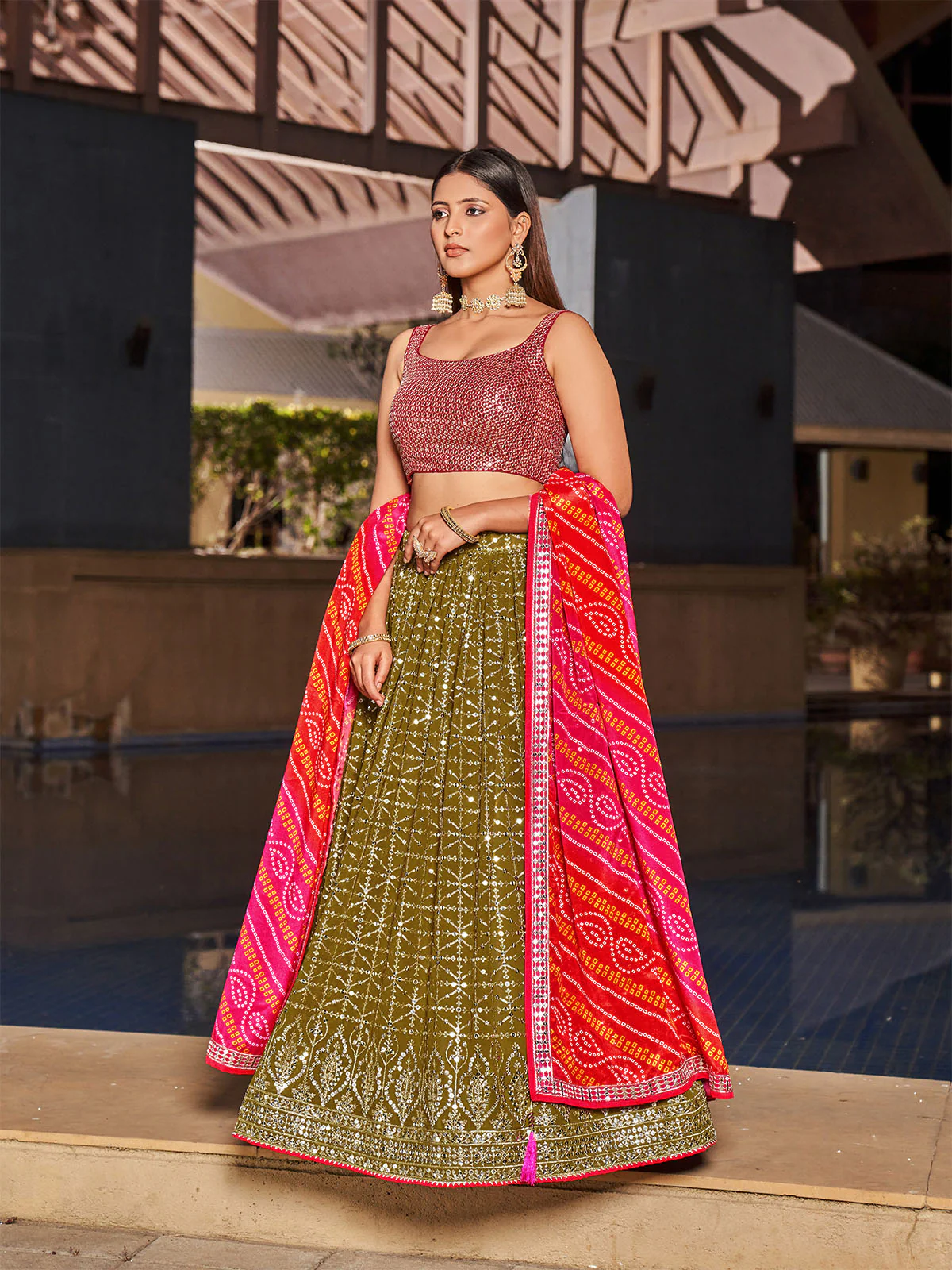 Odette Olive Georgette Embellished Semi Stitched Lehenga With Unstitched Blouse For Women - Image 2