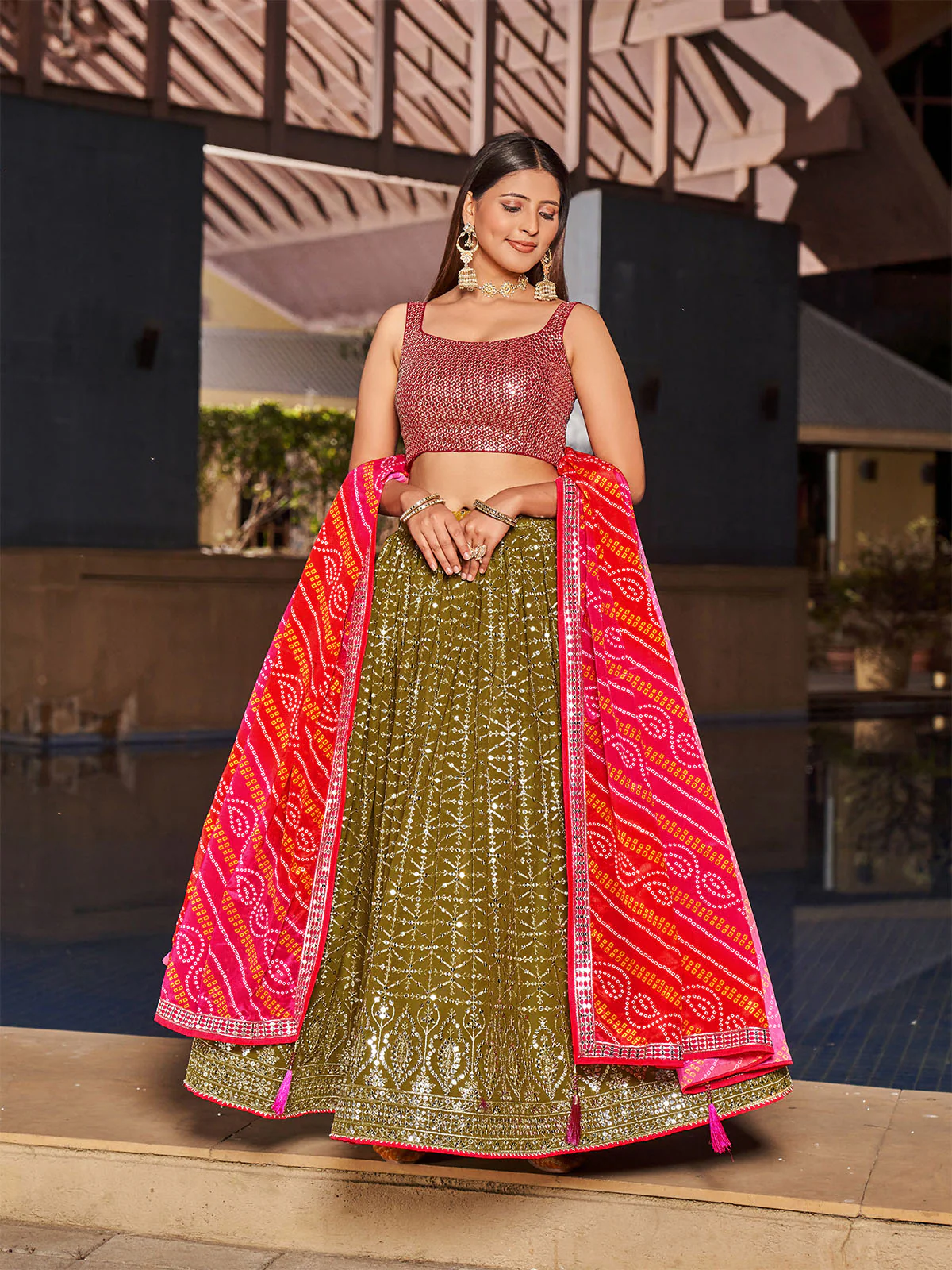 Odette Olive Georgette Embellished Semi Stitched Lehenga With Unstitched Blouse For Women - Image 3