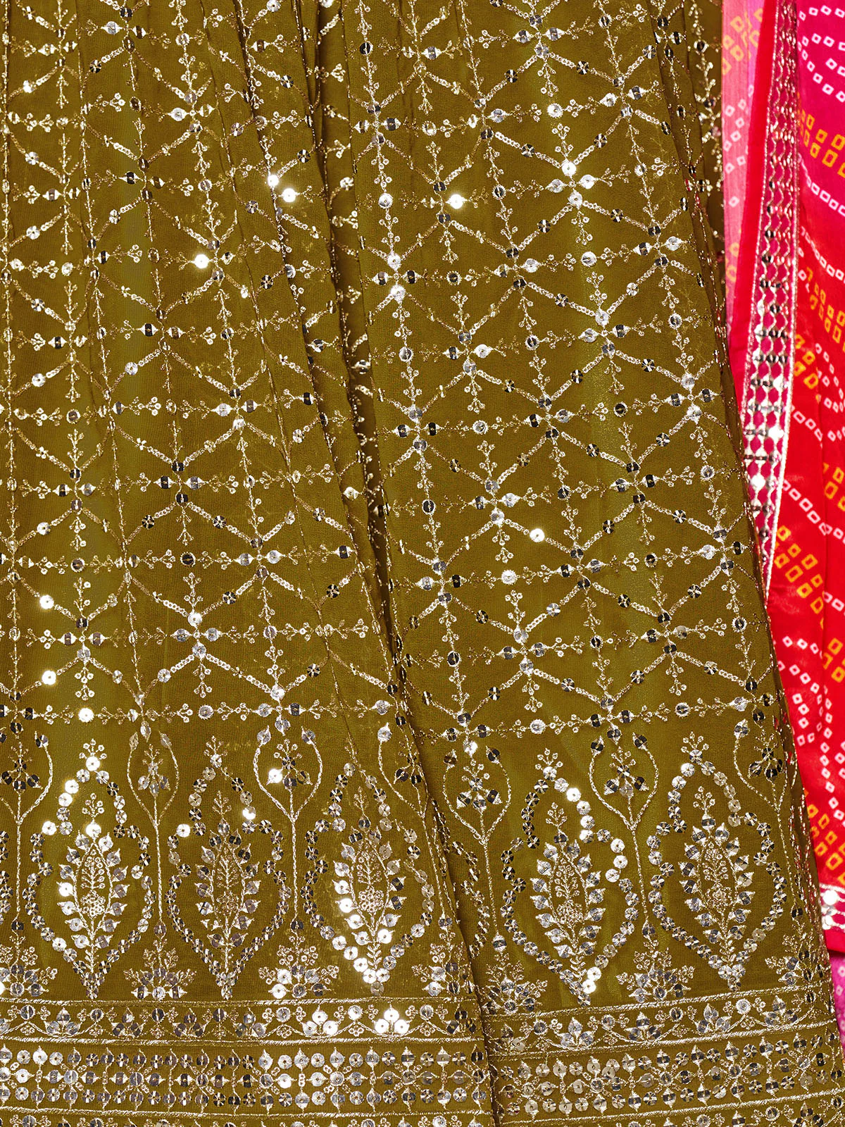 Odette Olive Georgette Embellished Semi Stitched Lehenga With Unstitched Blouse For Women - Image 6