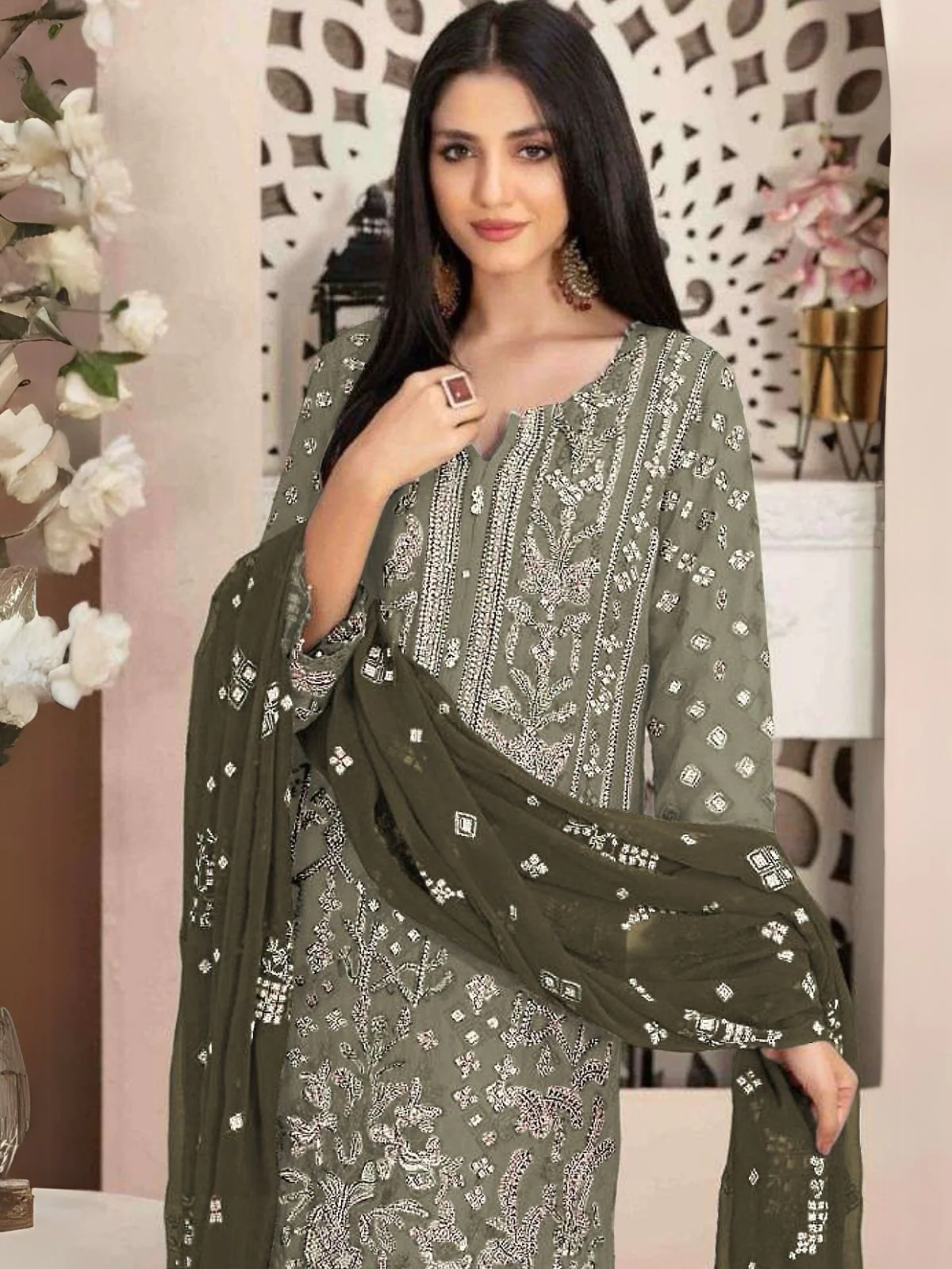 Odette Olive Georgette Embroidered Semi-Stitched Kurta Set For Women - Image 2