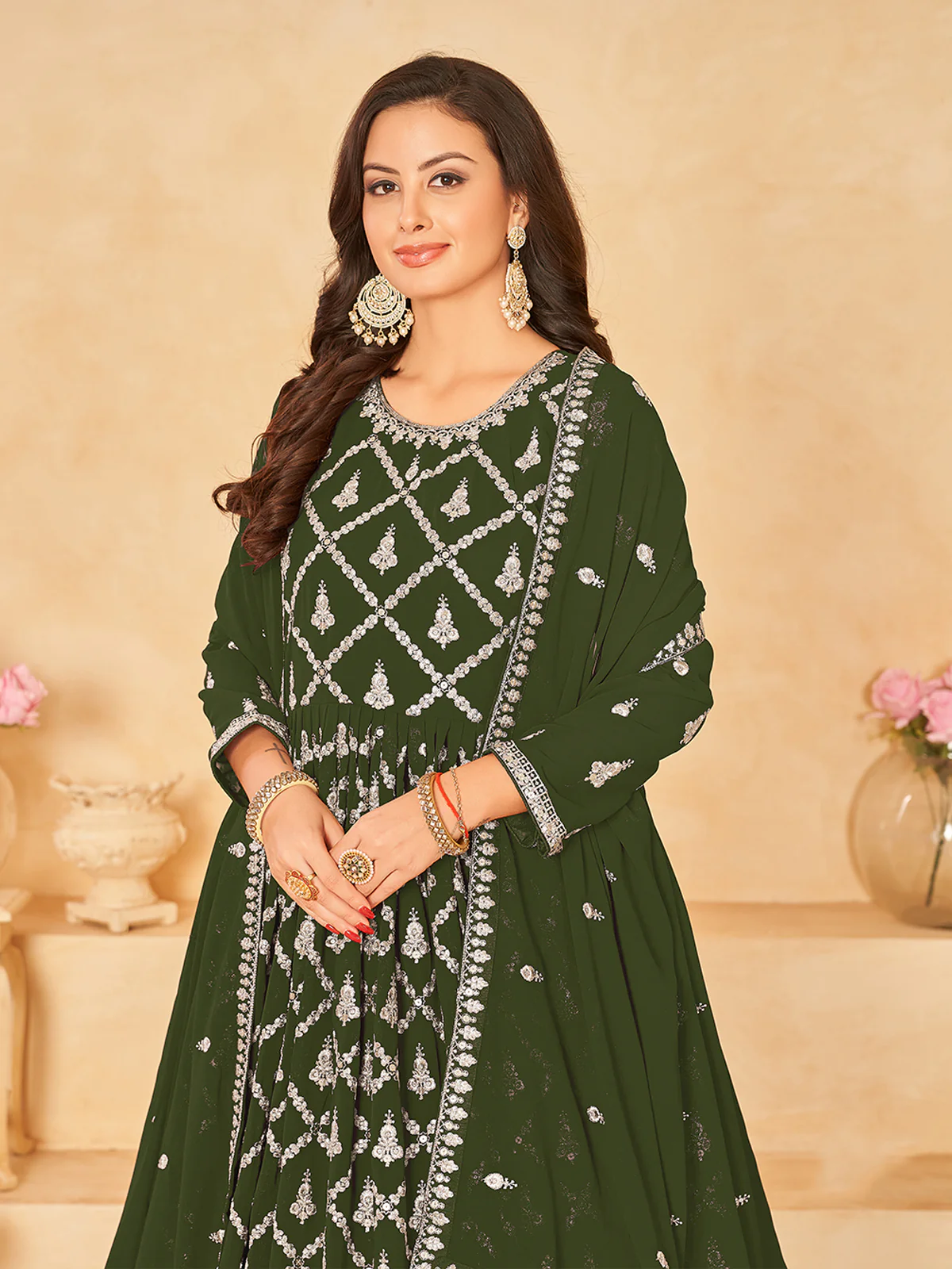 Odette Olive Georgette Embroidered Semi stitched Kurta Set with Inner For Women - Image 3