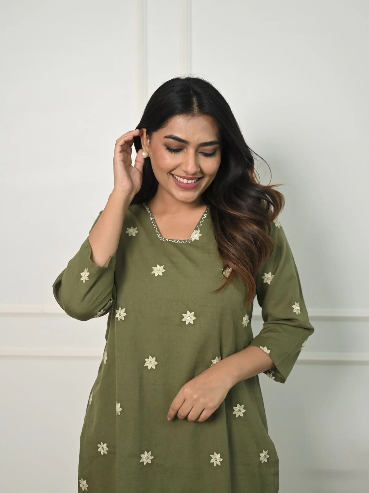 Odette Olive Green Cotton Blend Embroidered Stiched Kurta Set For Women - Image 5