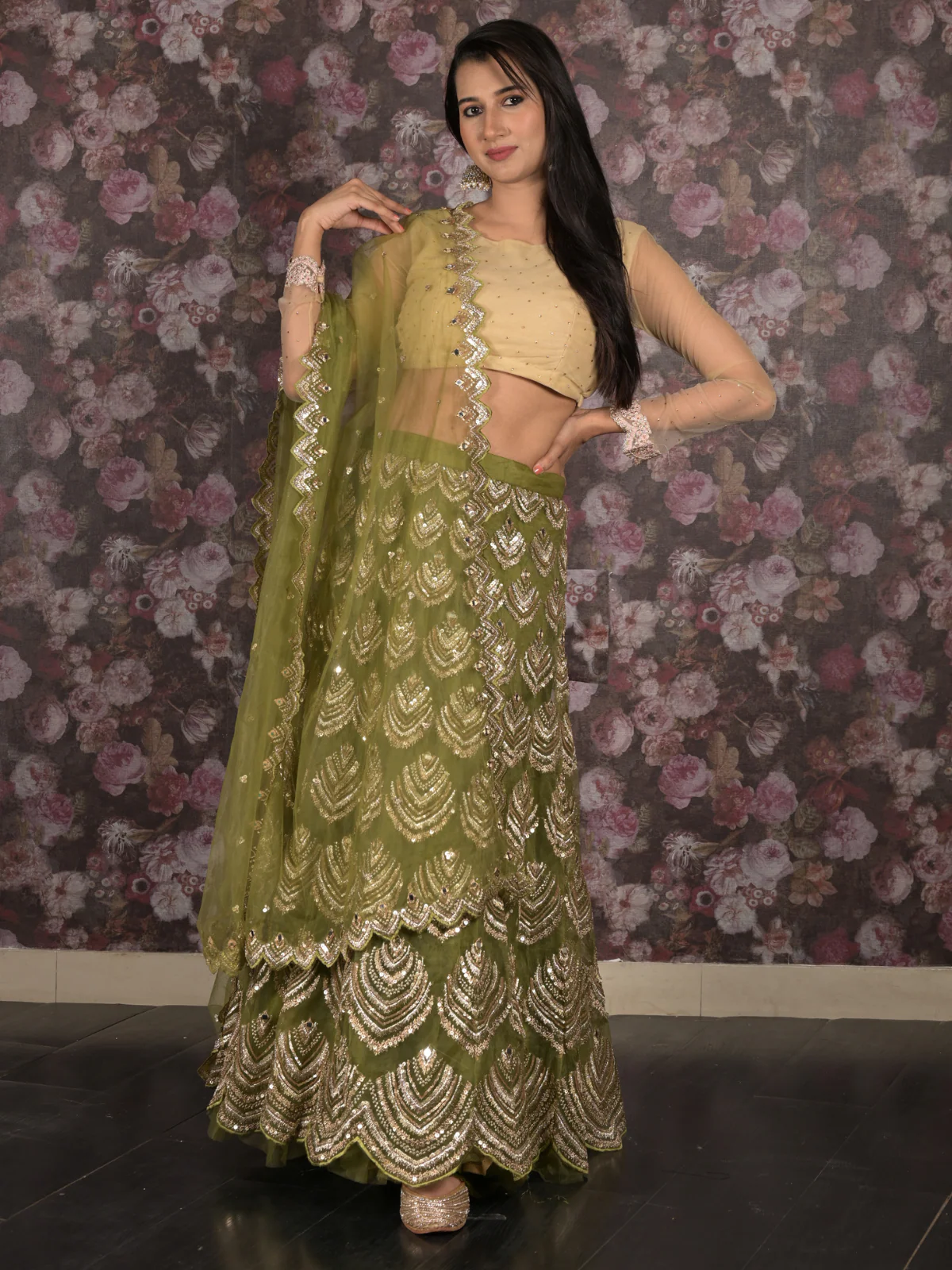 Odette Olive Green Embroidered Semi Stitched Net Lehenga Set With Dupatta And Unstitched Blouse For Women - Image 2