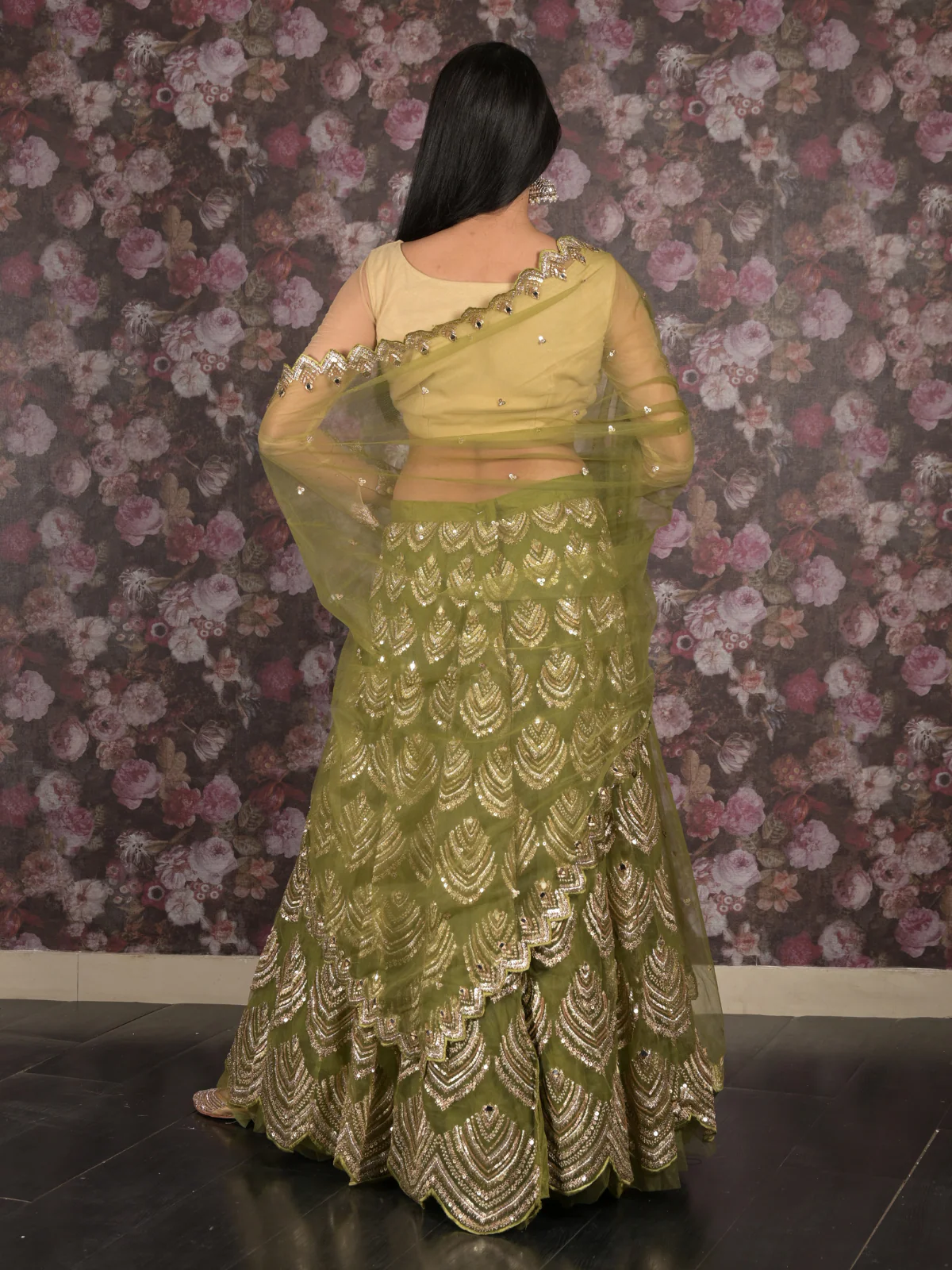 Odette Olive Green Embroidered Semi Stitched Net Lehenga Set With Dupatta And Unstitched Blouse For Women - Image 3