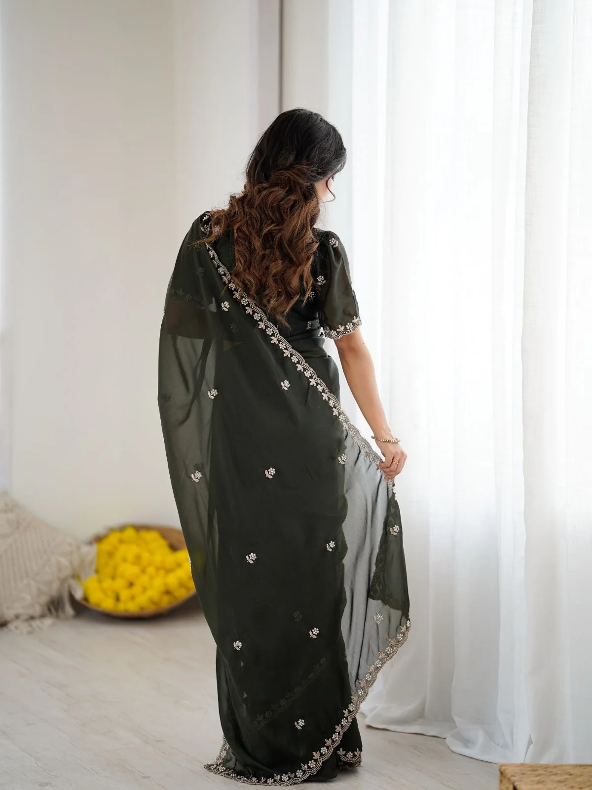 Odette Olive Green Georgette Embroidered Saree For Women - Image 3