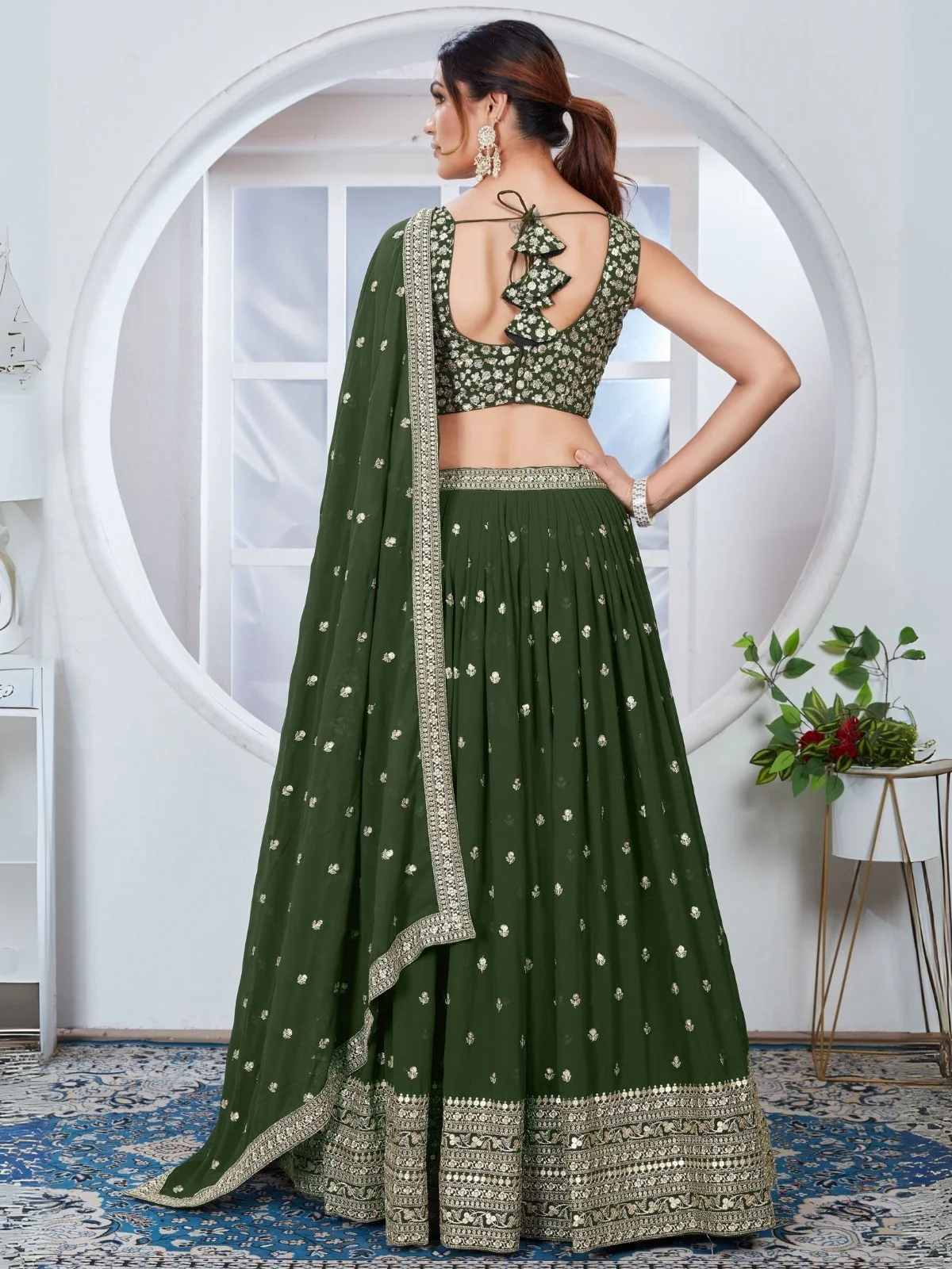 Odette Olive Green Georgette Embroidered Semi-Stitched Lehenga For Women - Image 2