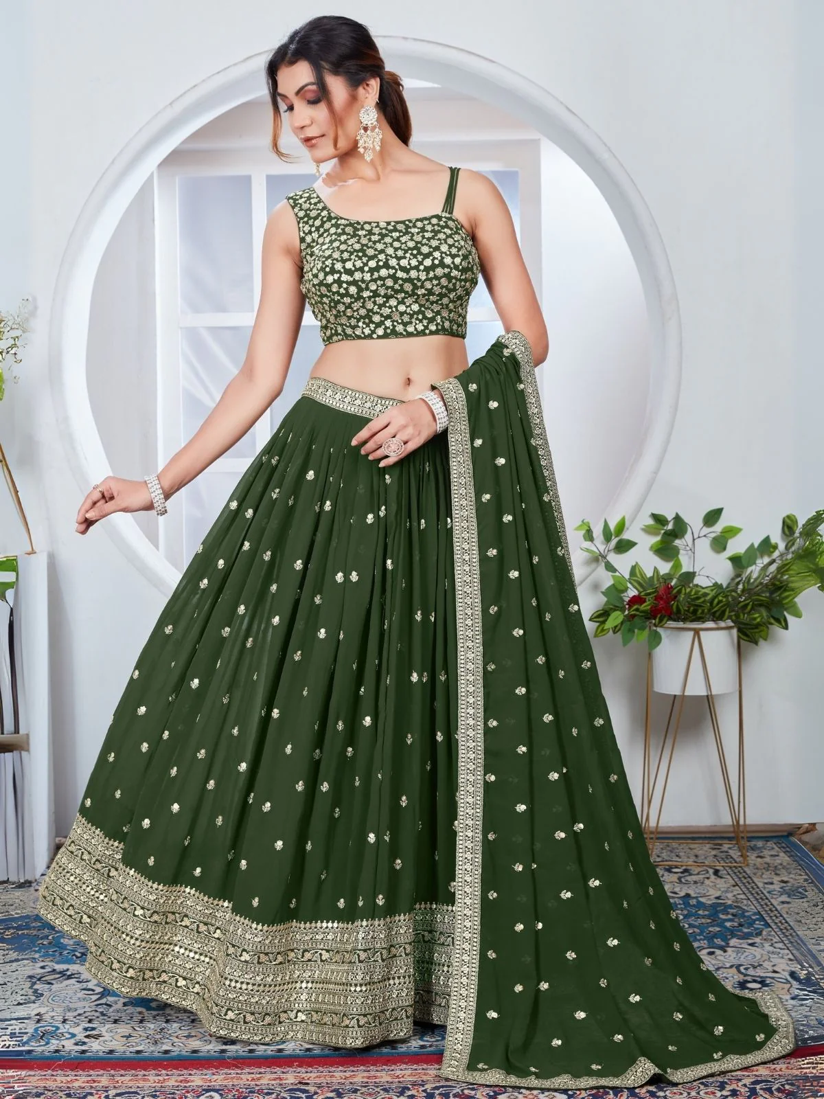 Odette Olive Green Georgette Embroidered Semi-Stitched Lehenga For Women - Image 3