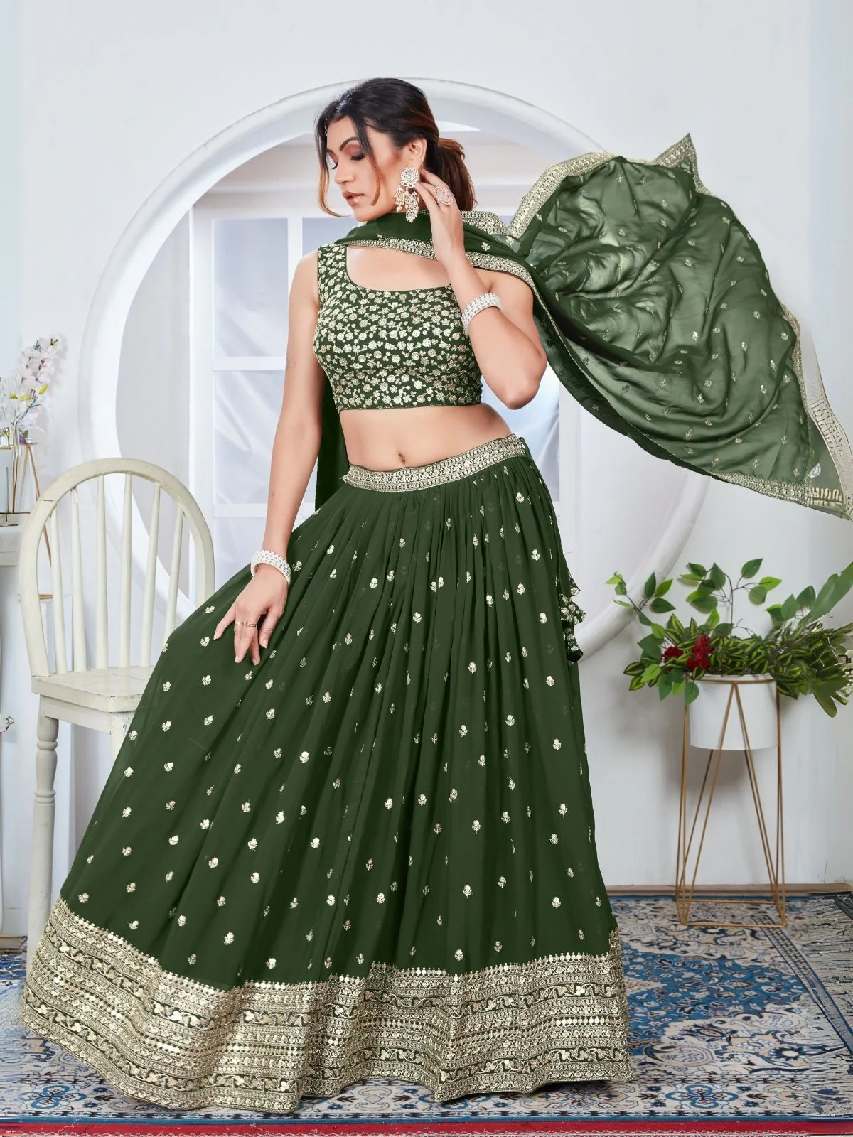 Odette Olive Green Georgette Embroidered Semi-Stitched Lehenga For Women - Image 6