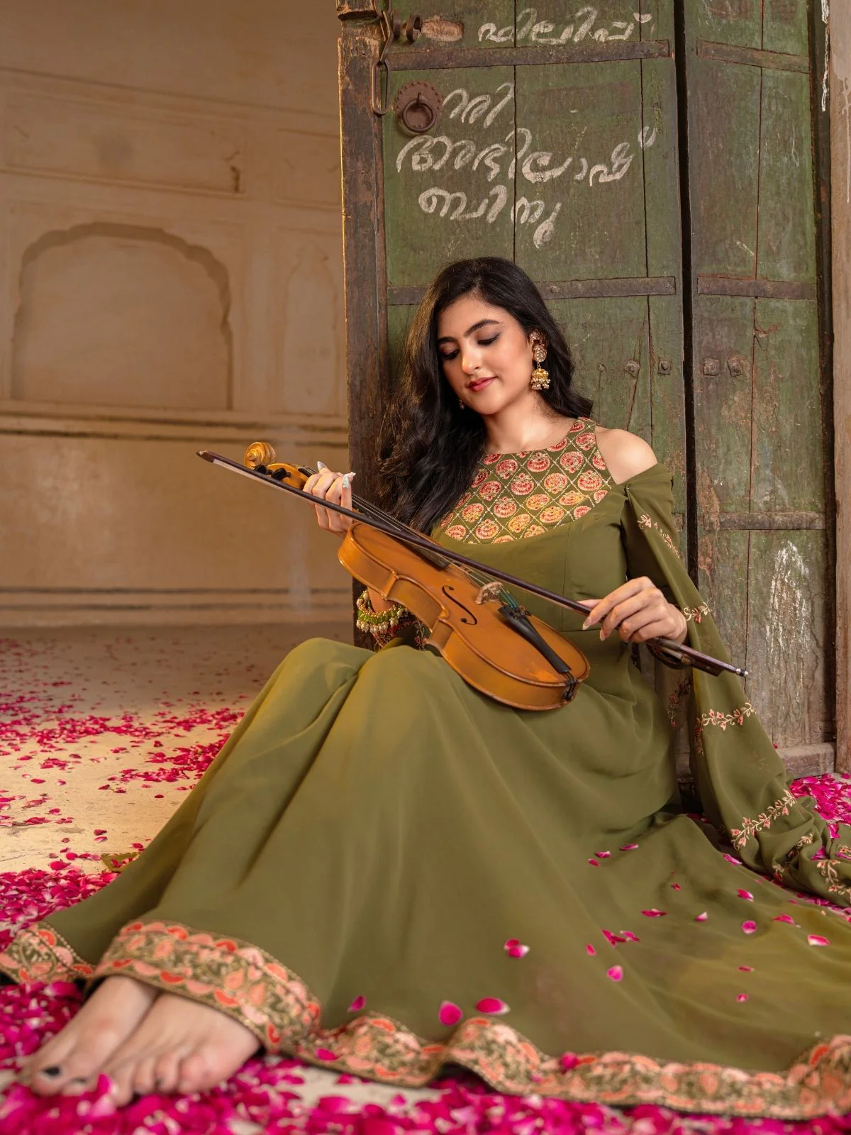 Odette Olive Green Georgette Embroidered Stitched Gown For Women - Image 6
