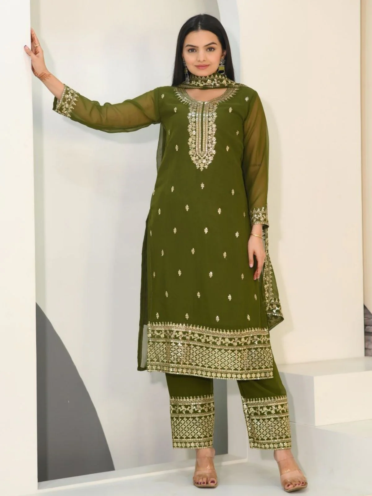 Odette Olive green Georgette Embroidered Stitched Kurta Set For Women - Image 2